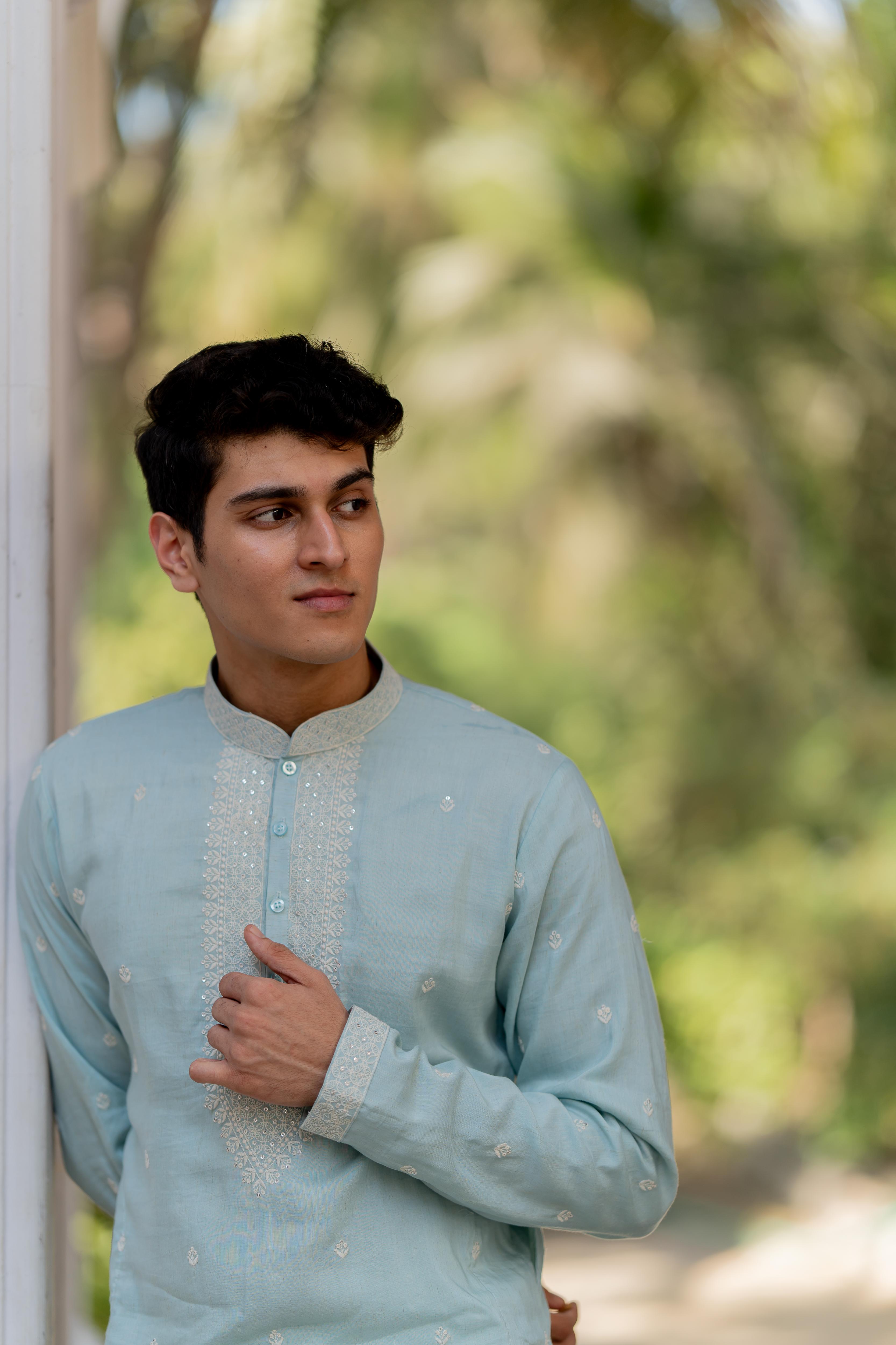 Sea Blue Embroidered Kurta with Off White Pants