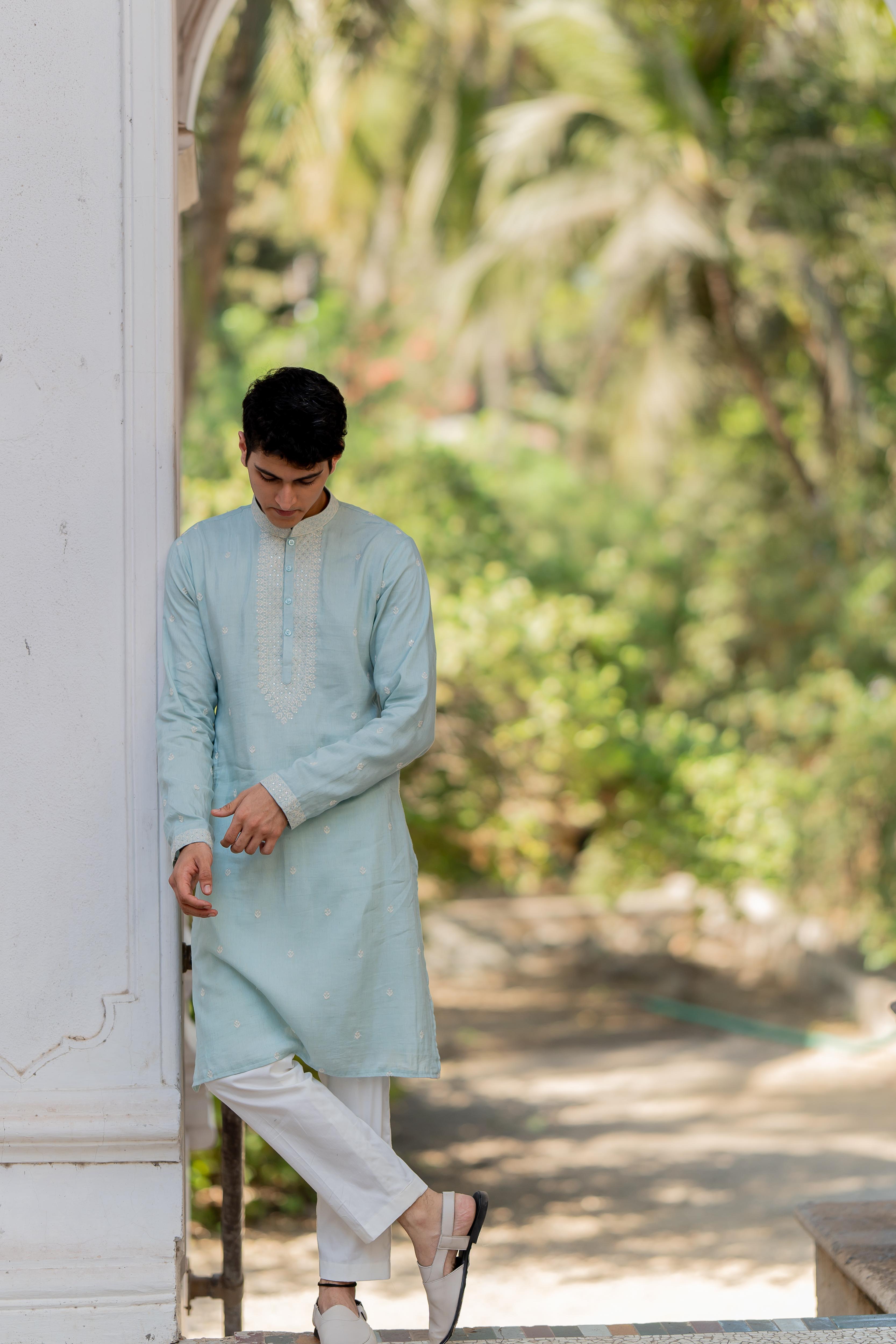 Sea Blue Embroidered Kurta with Off White Pants