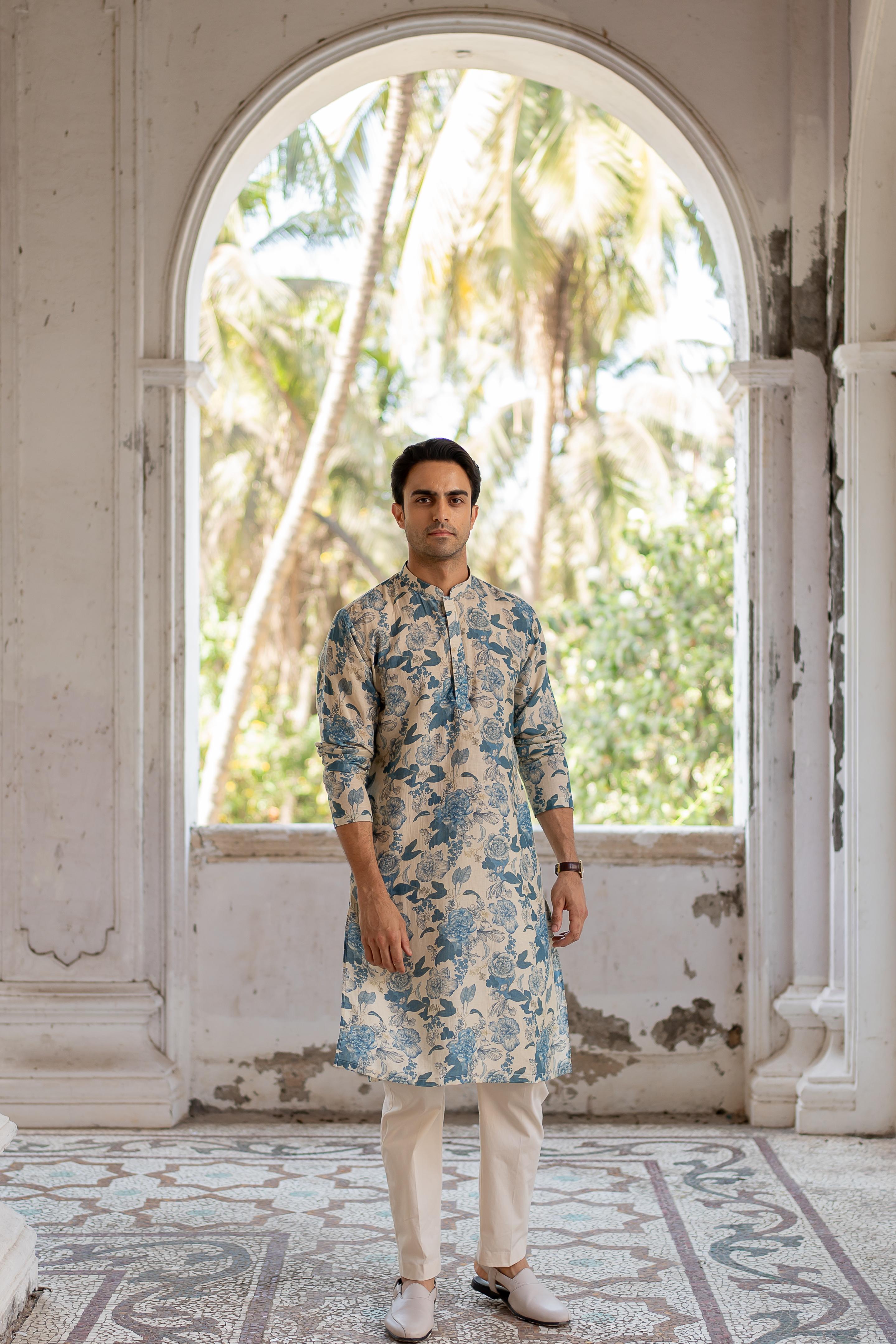 Ivory & Blue Digital Printed Kurta with Off White Pants