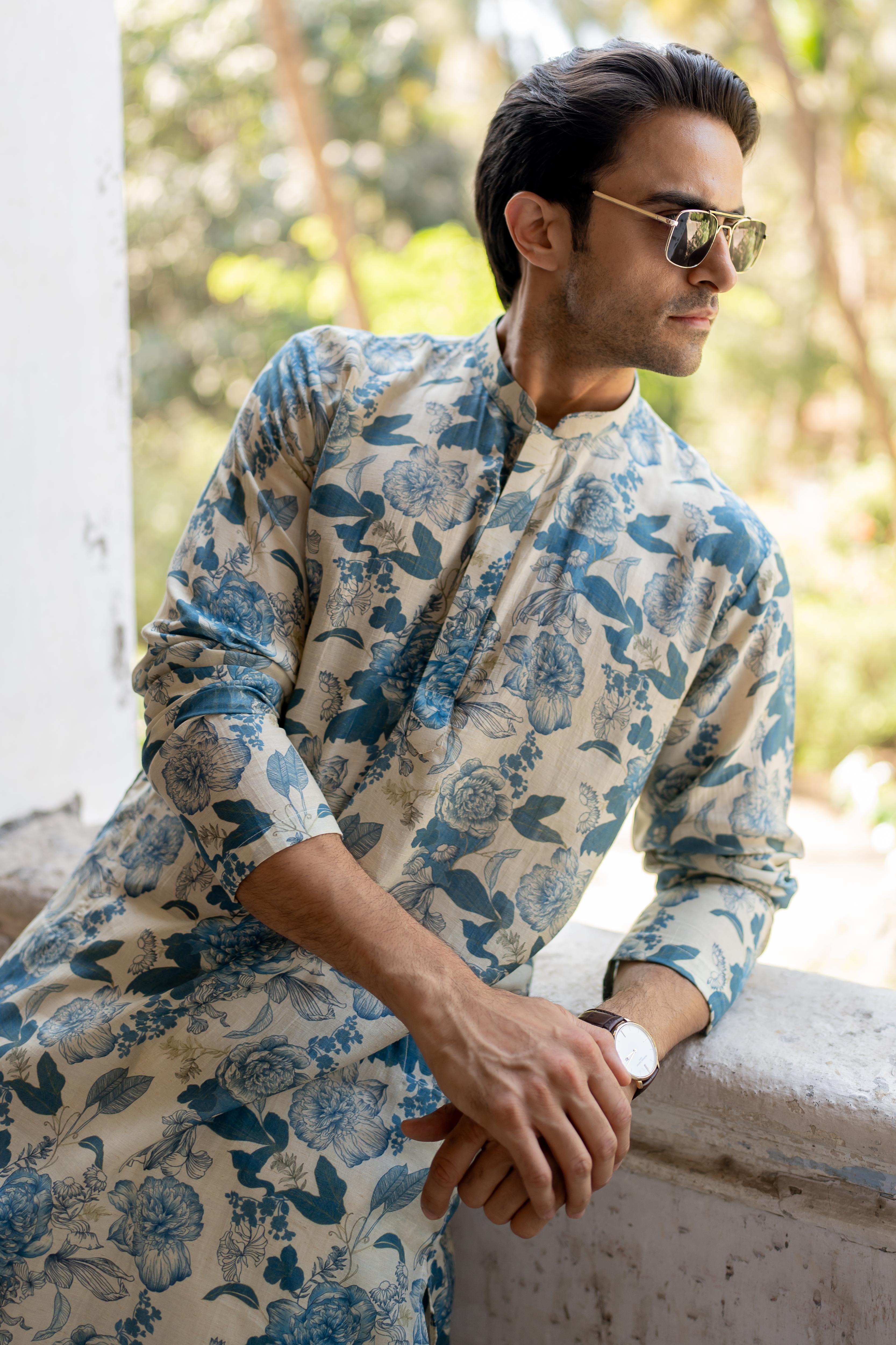 Ivory & Blue Digital Printed Kurta with Off White Pants