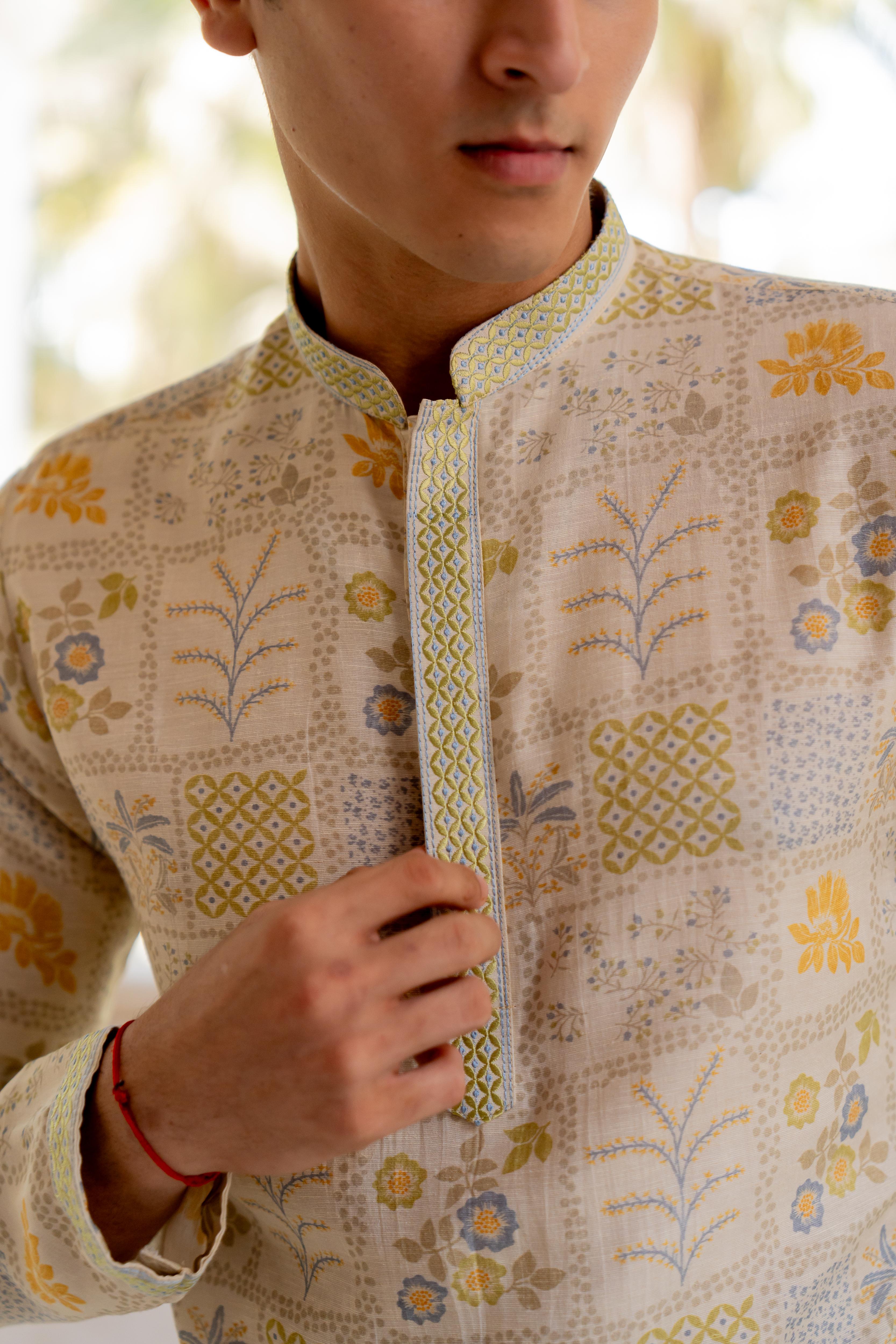 Beige Digital Printed Kurta with Off White Pants