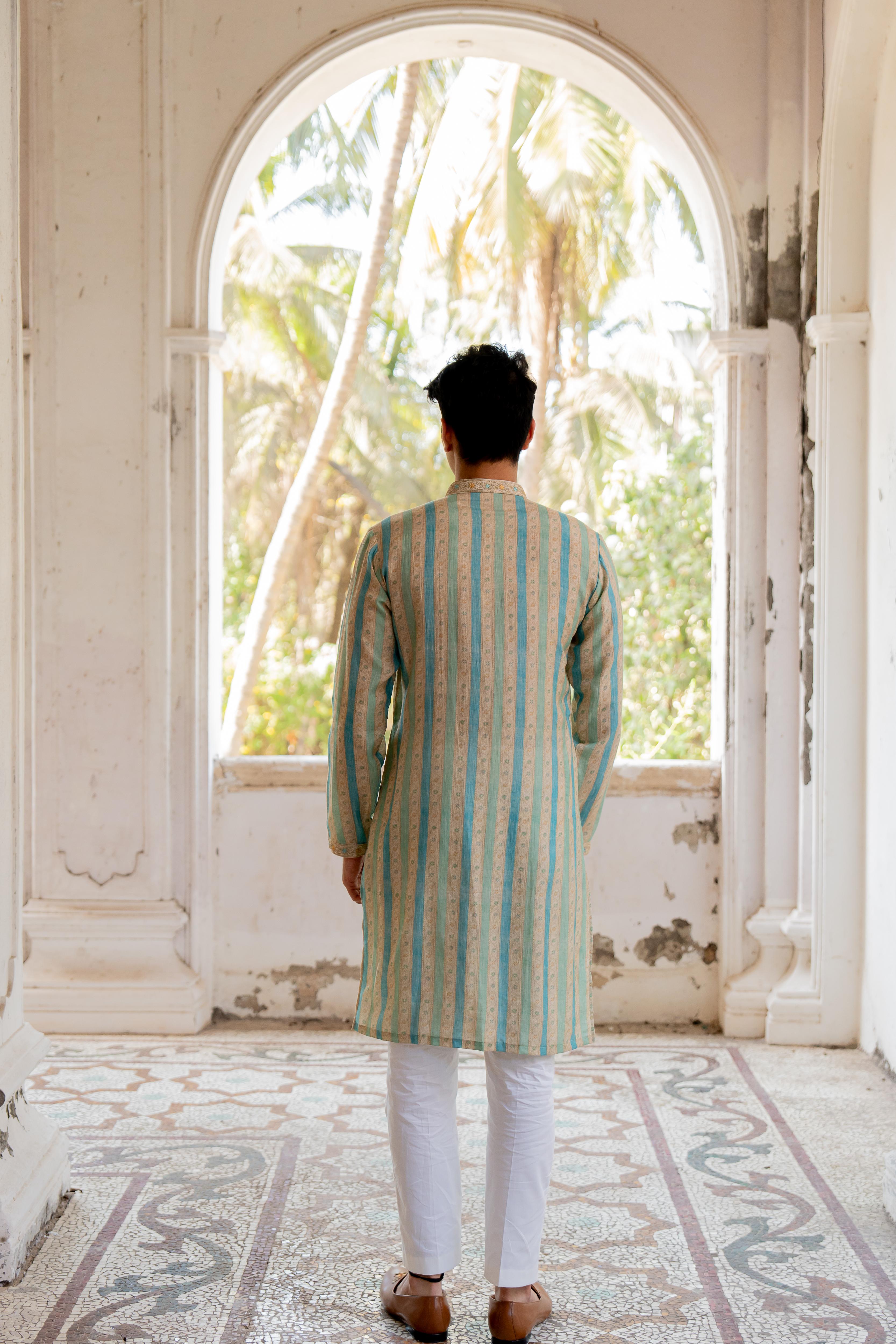 Beige & Blue Striped Digital Printed Kurta with Off White Pants