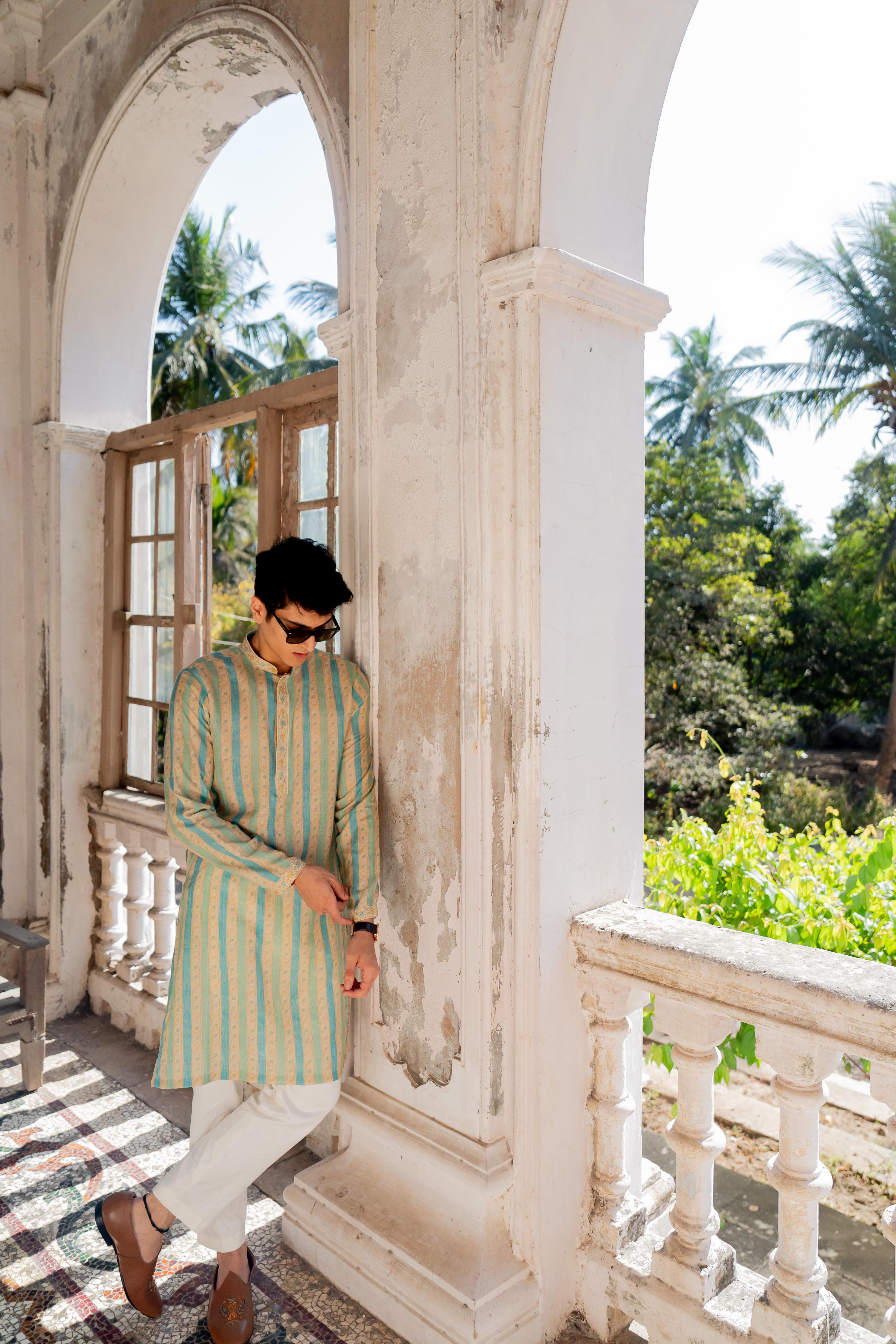 Beige & Blue Striped Digital Printed Kurta with Off White Pants