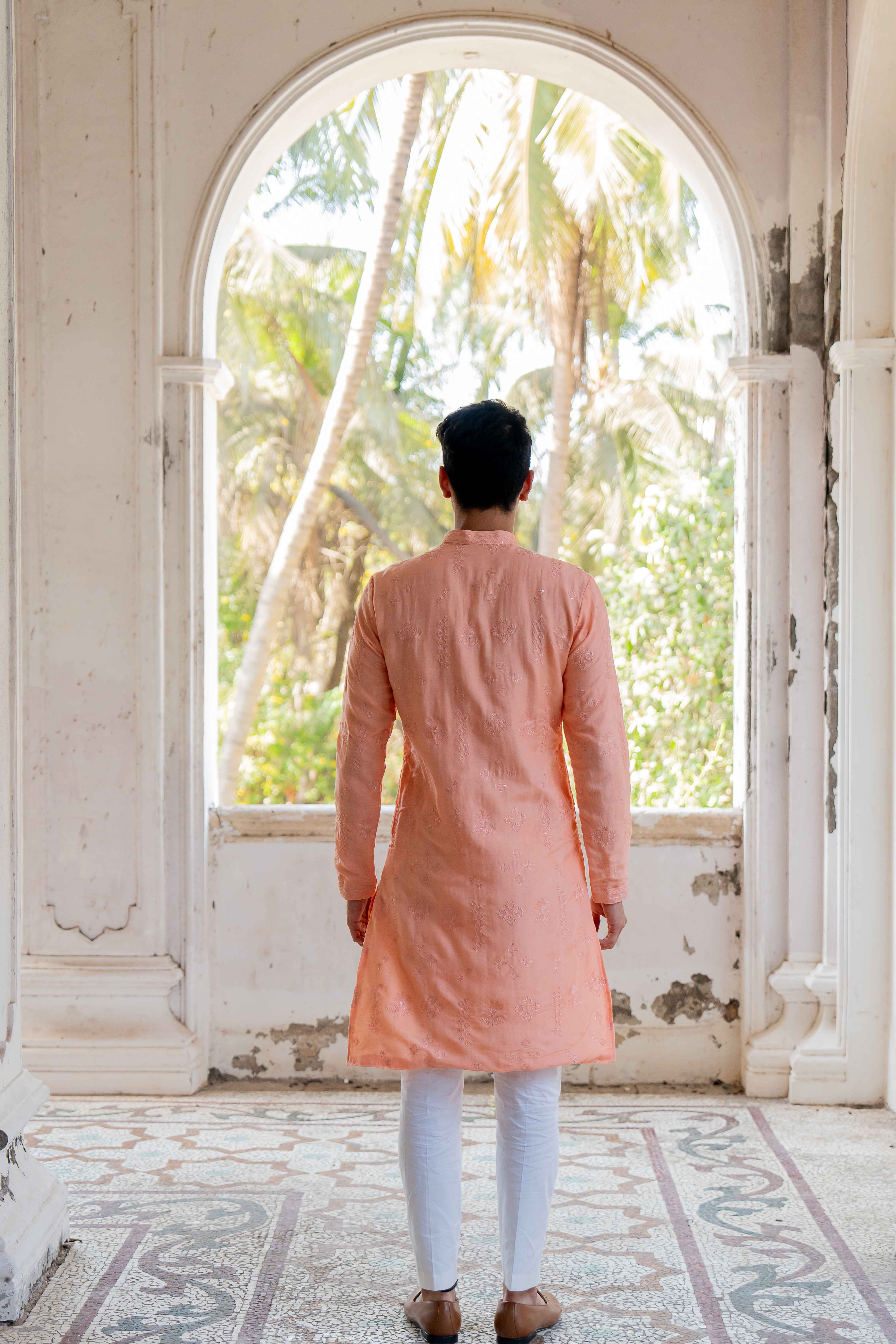 Orange Embroidered Kurta with Off White Pants