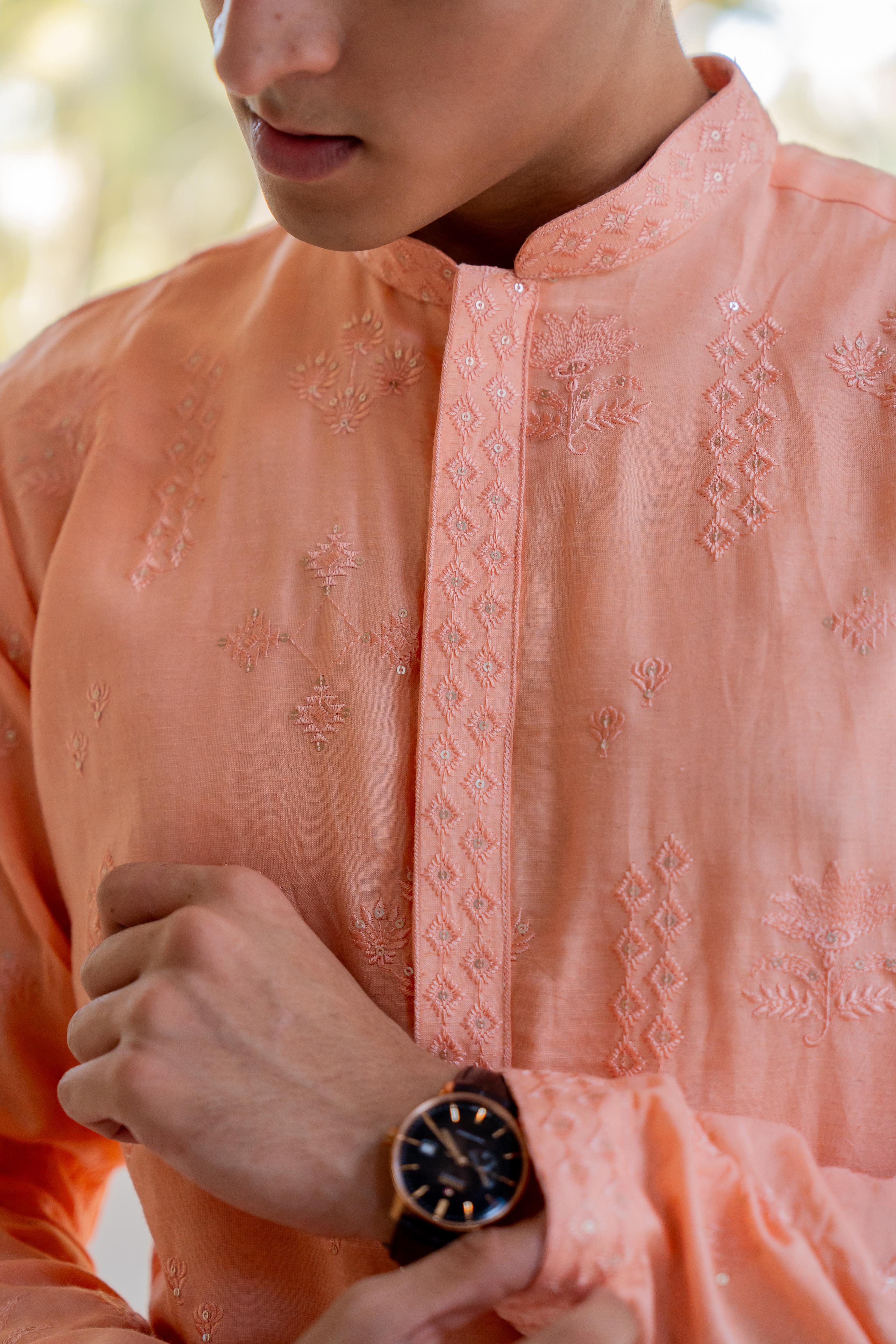 Orange Embroidered Kurta with Off White Pants