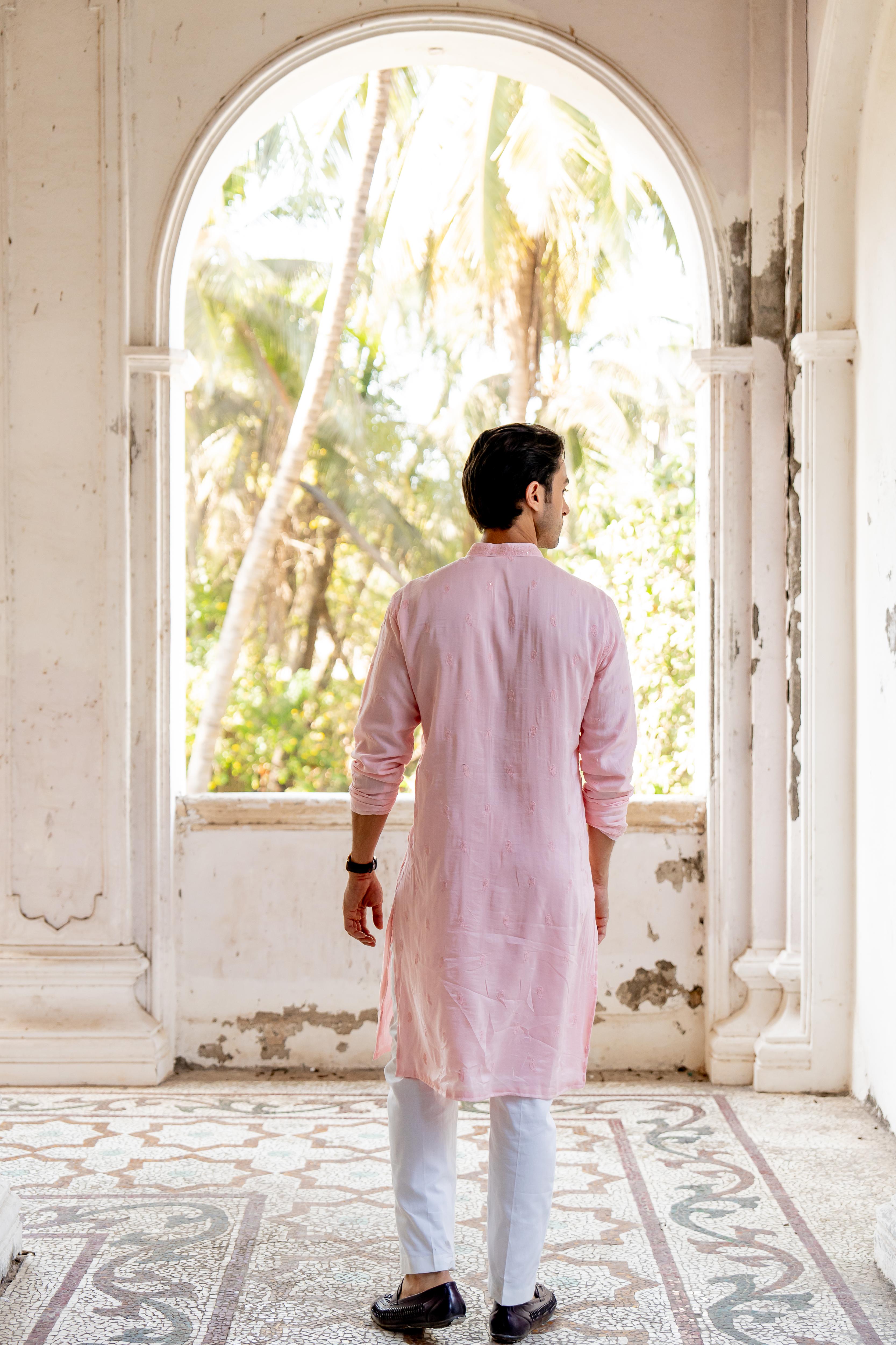 Baby Pink Embroidered Kurta with Off White Pants