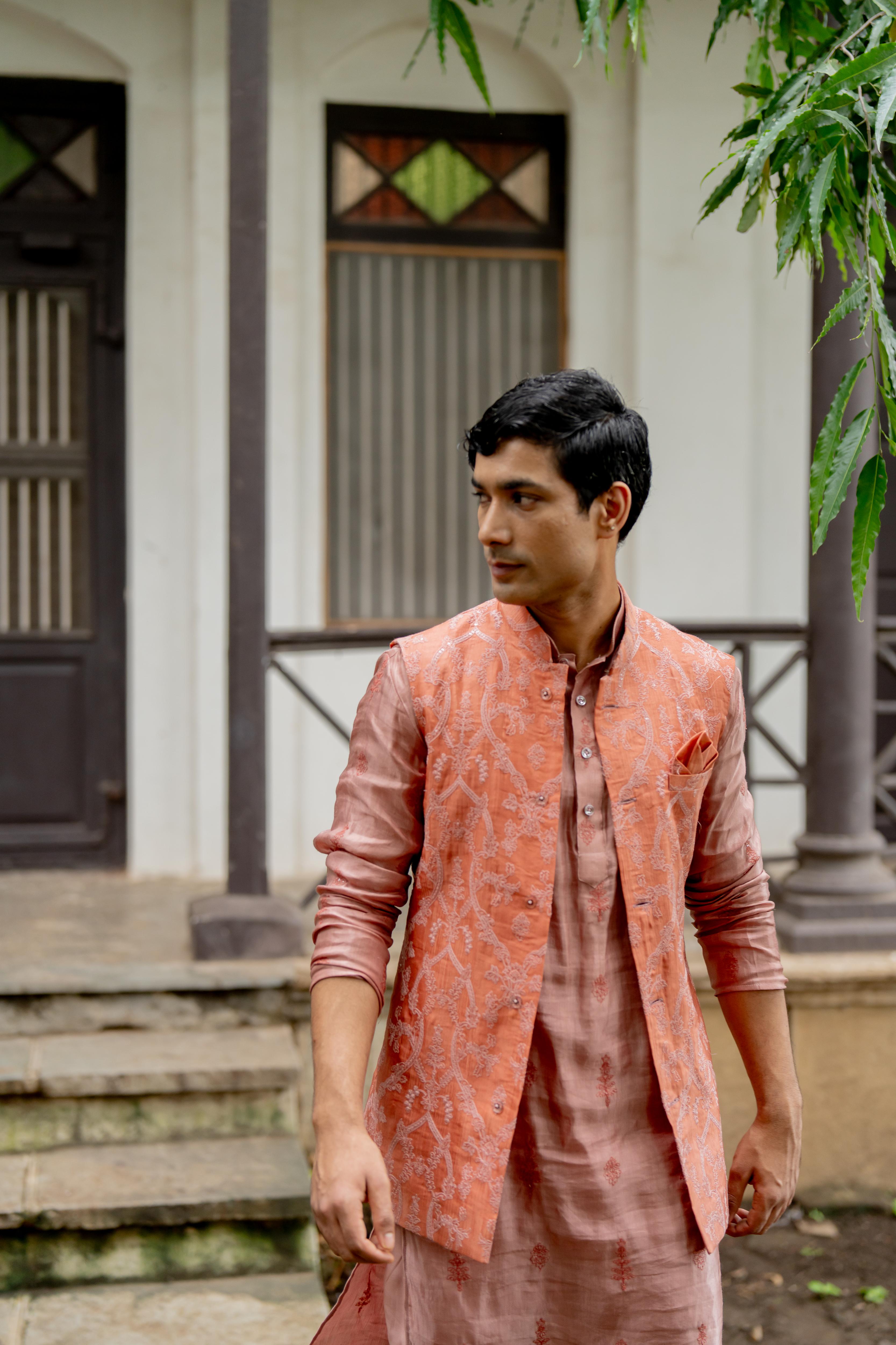Peach & Mauve Pink Satin Linen Ensemble