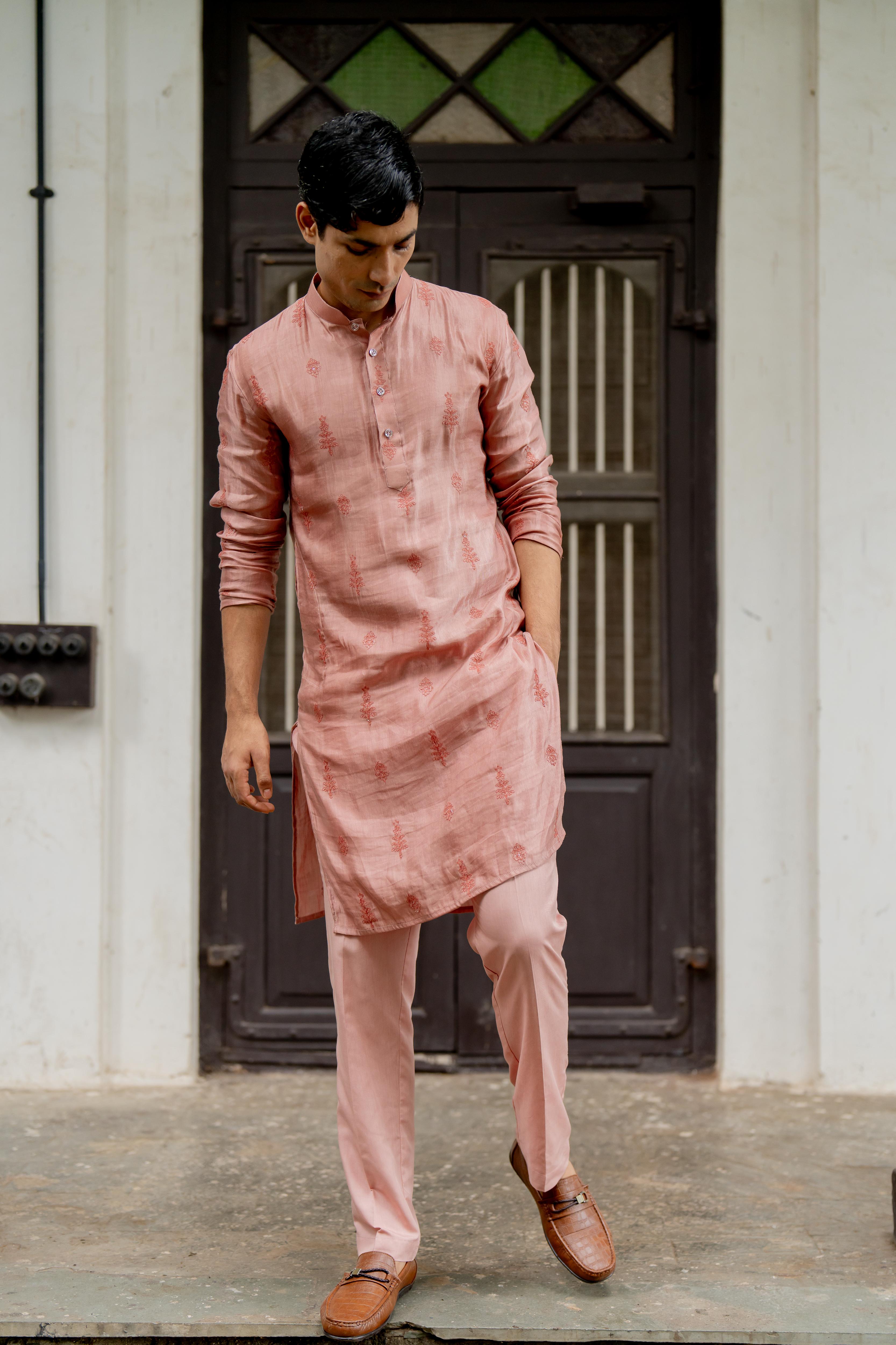 Peach & Mauve Pink Satin Linen Ensemble
