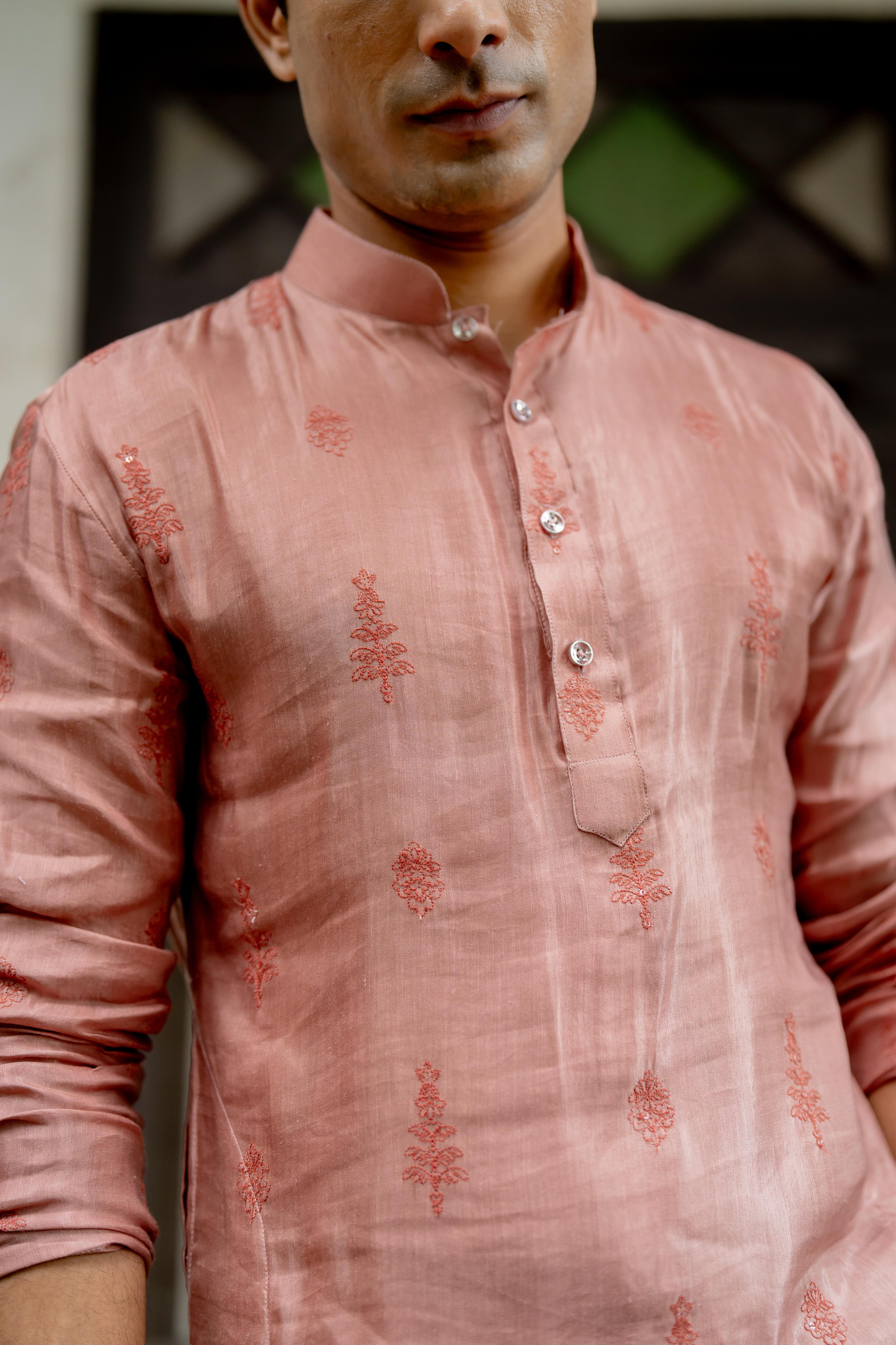 Peach & Mauve Pink Satin Linen Ensemble