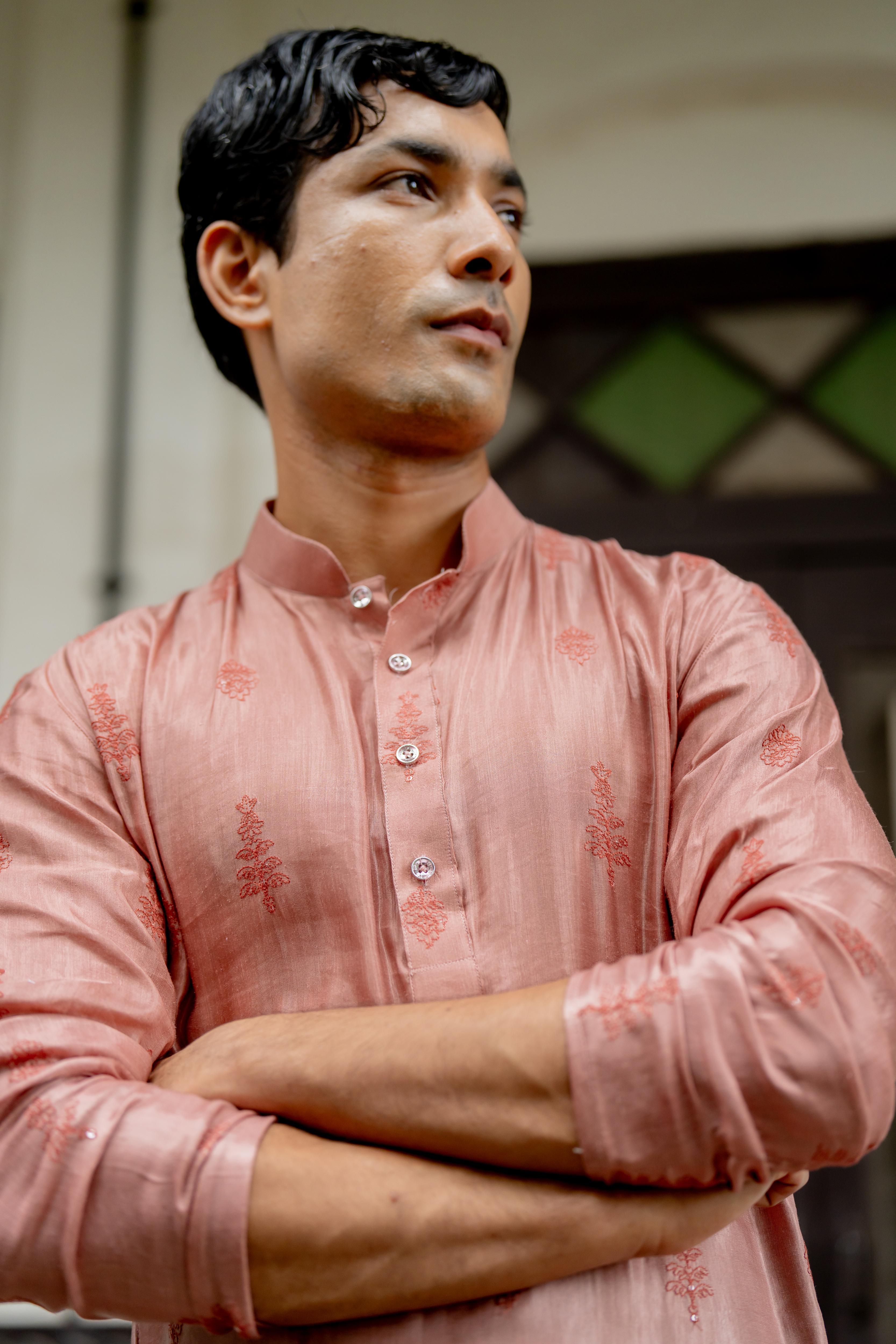 Dusty Pink Embroidered Kurta with Same Toned Dyed Pants