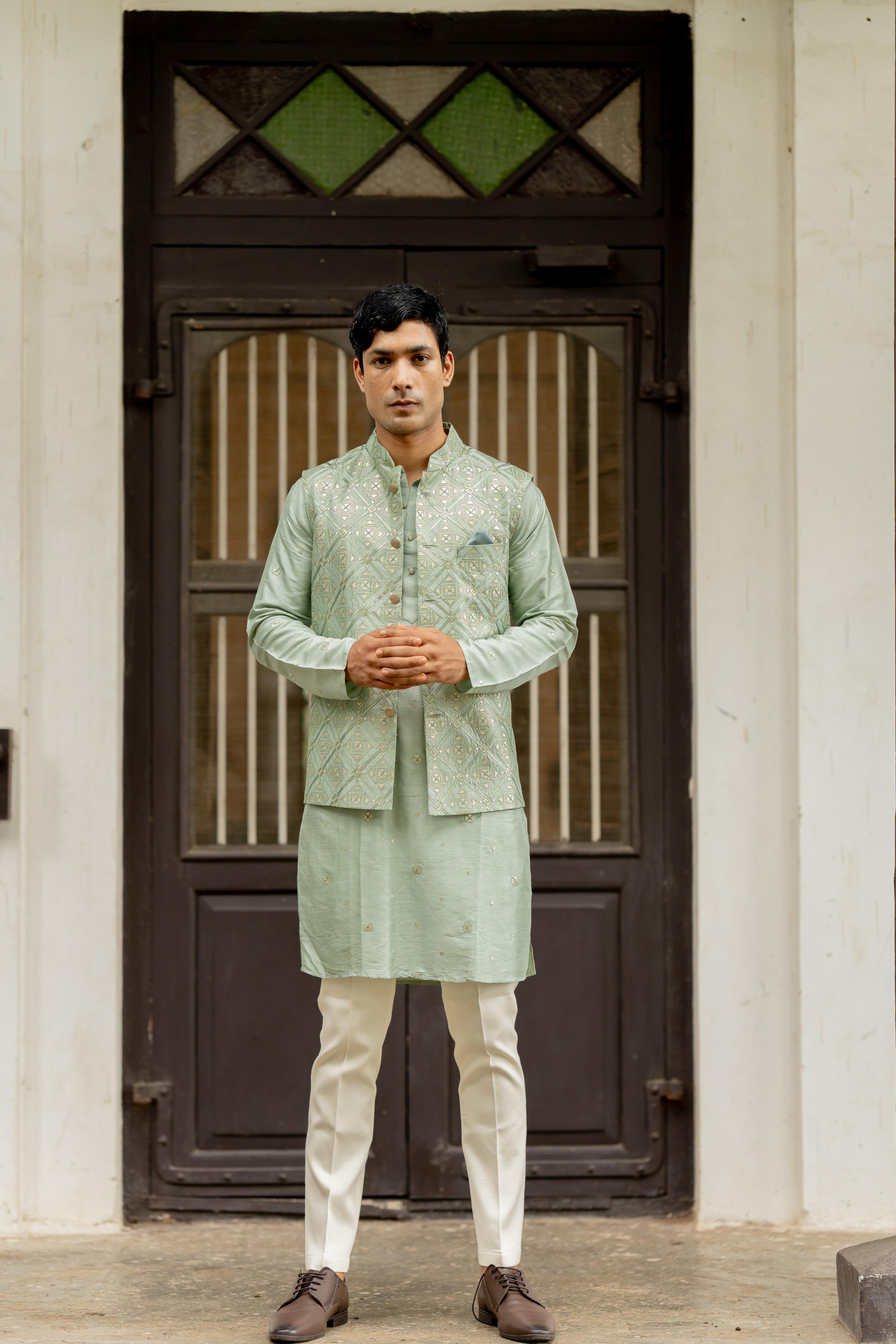 Dusty Green Tusser Silk Ensemble