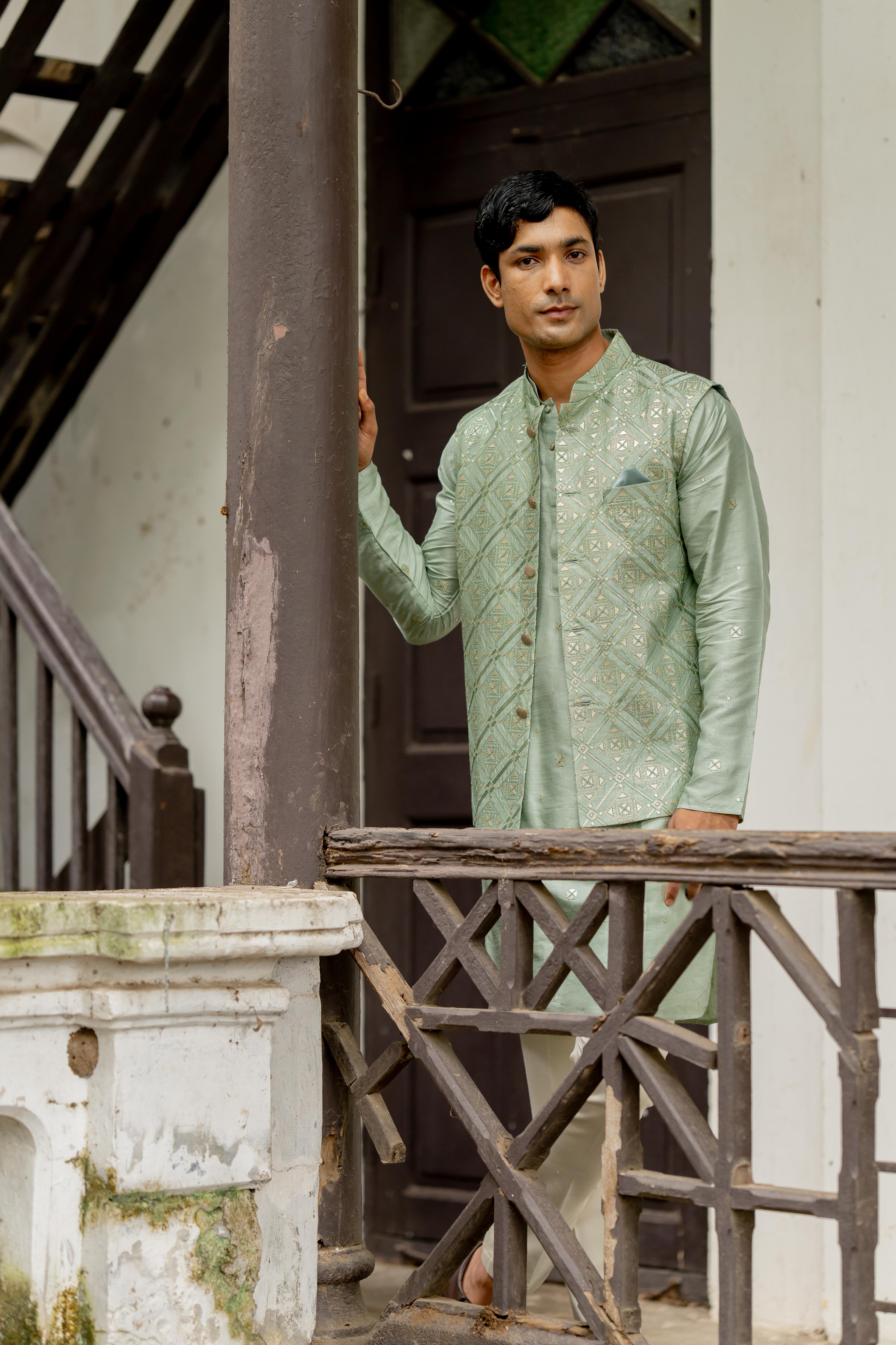 Dusty Green Tusser Silk Ensemble