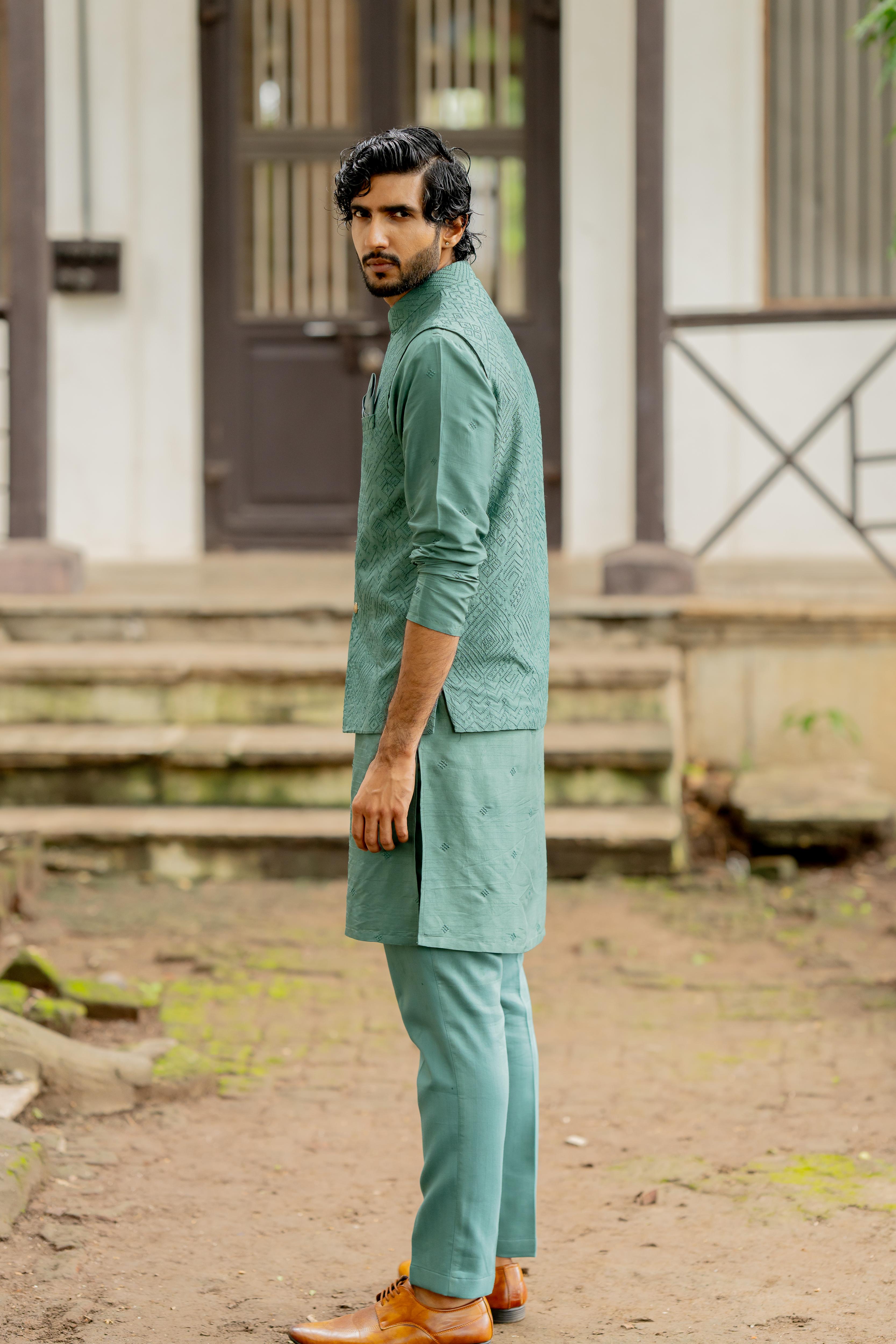 Teal Dyed Tusser Silk Ensemble