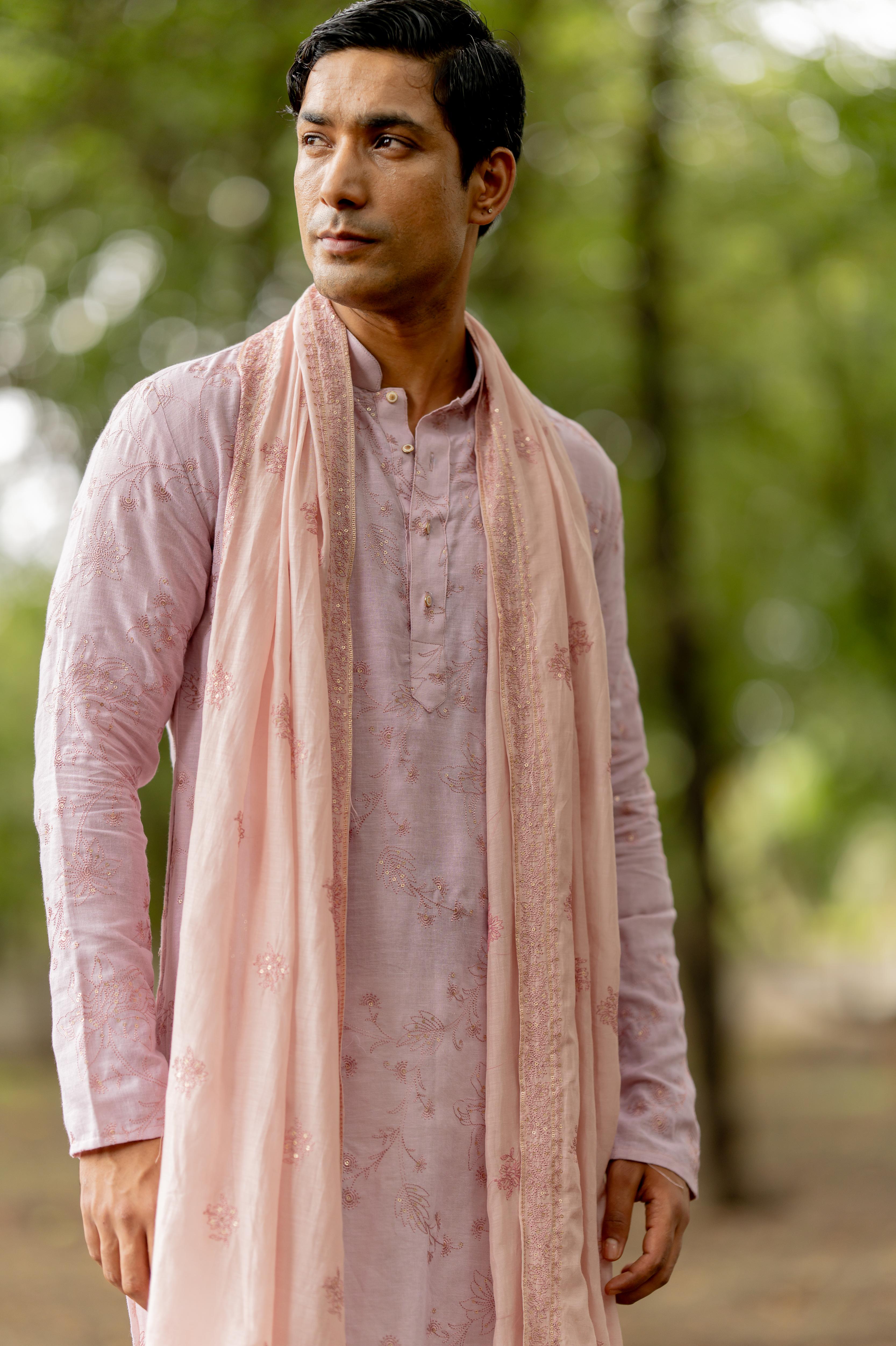 Light Mauve Embroidered Kurta, Stole with Off White Pants