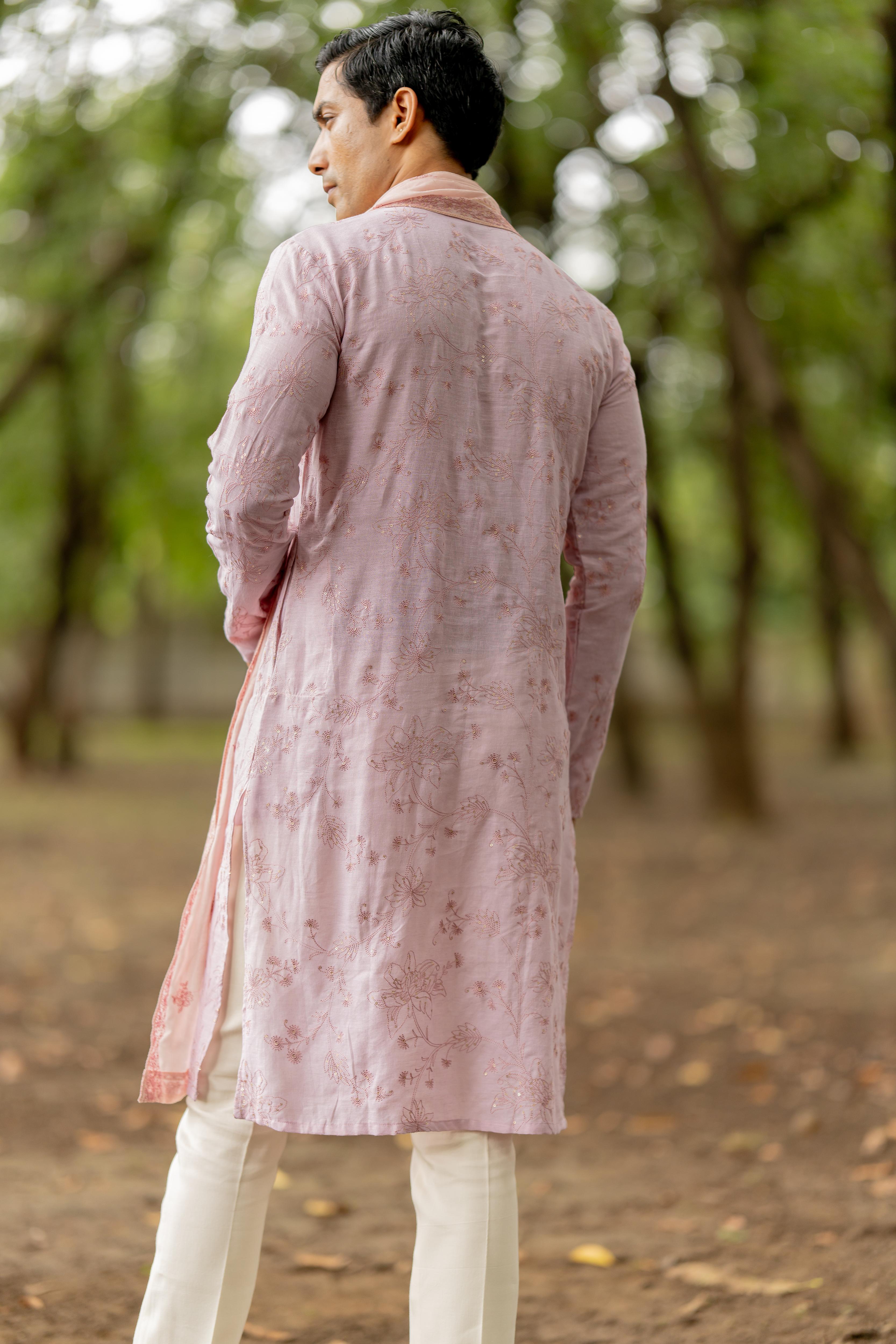 Light Mauve Embroidered Kurta, Stole with Off White Pants