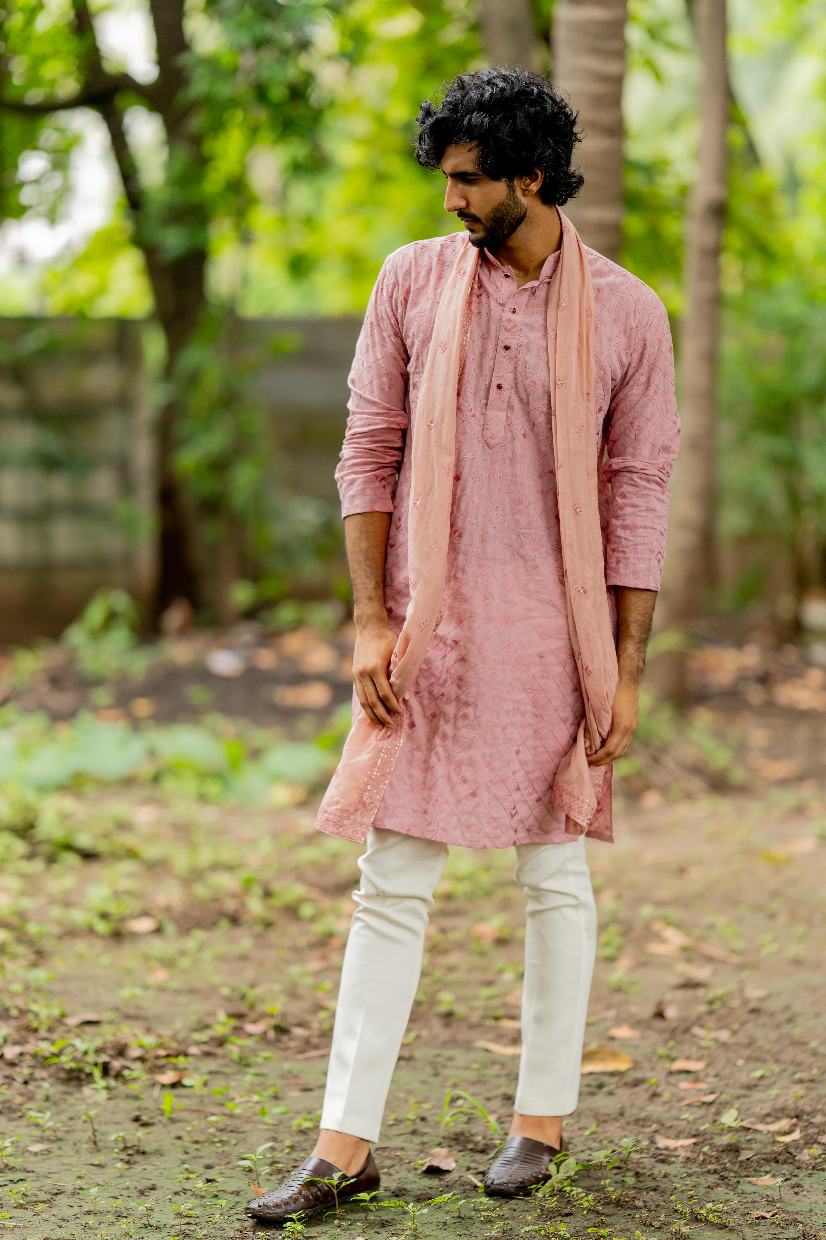 Dusty Pink Embroidered Kurta, Stole with Off White Pants
