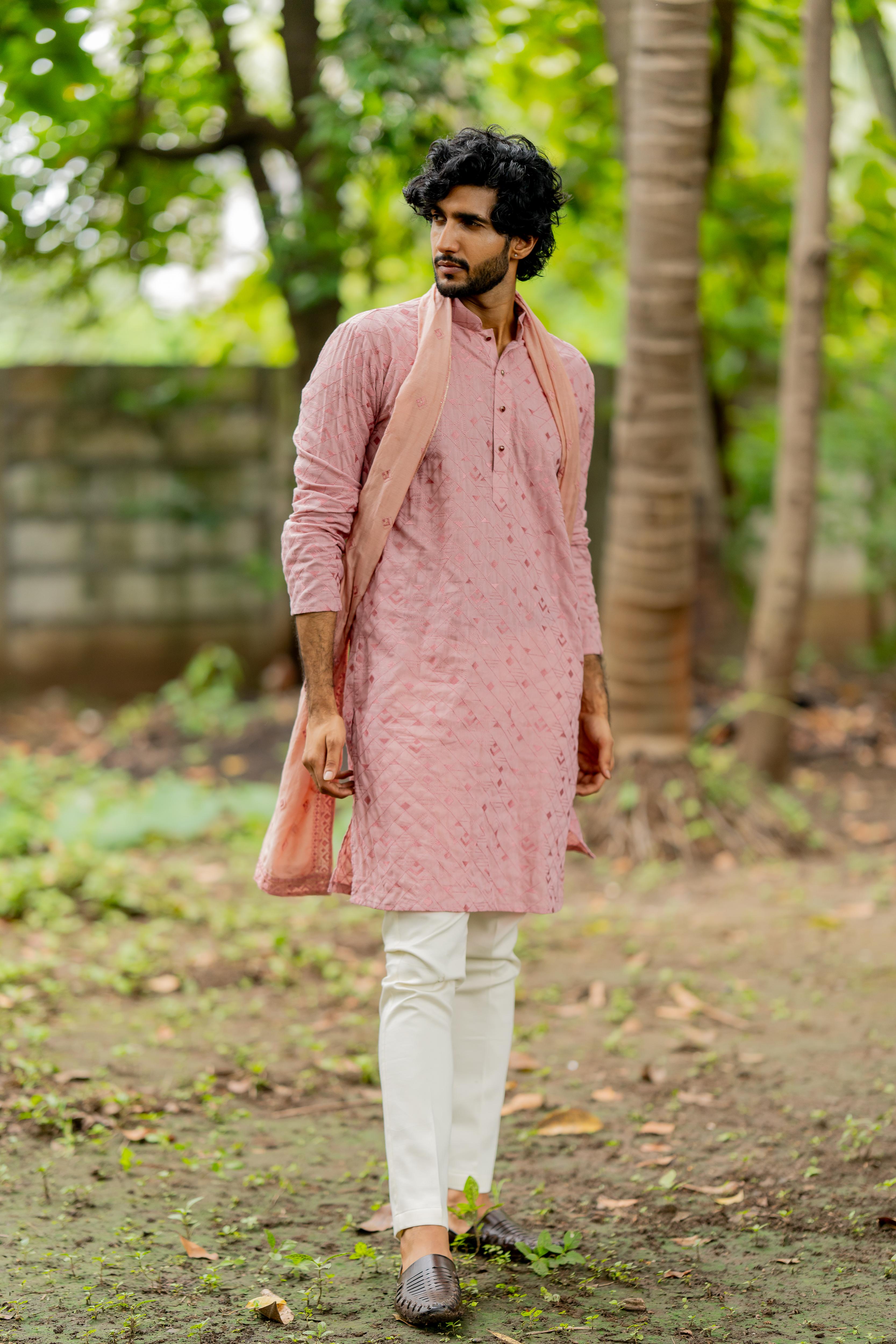 Dusty Pink Embroidered Kurta, Stole with Off White Pants