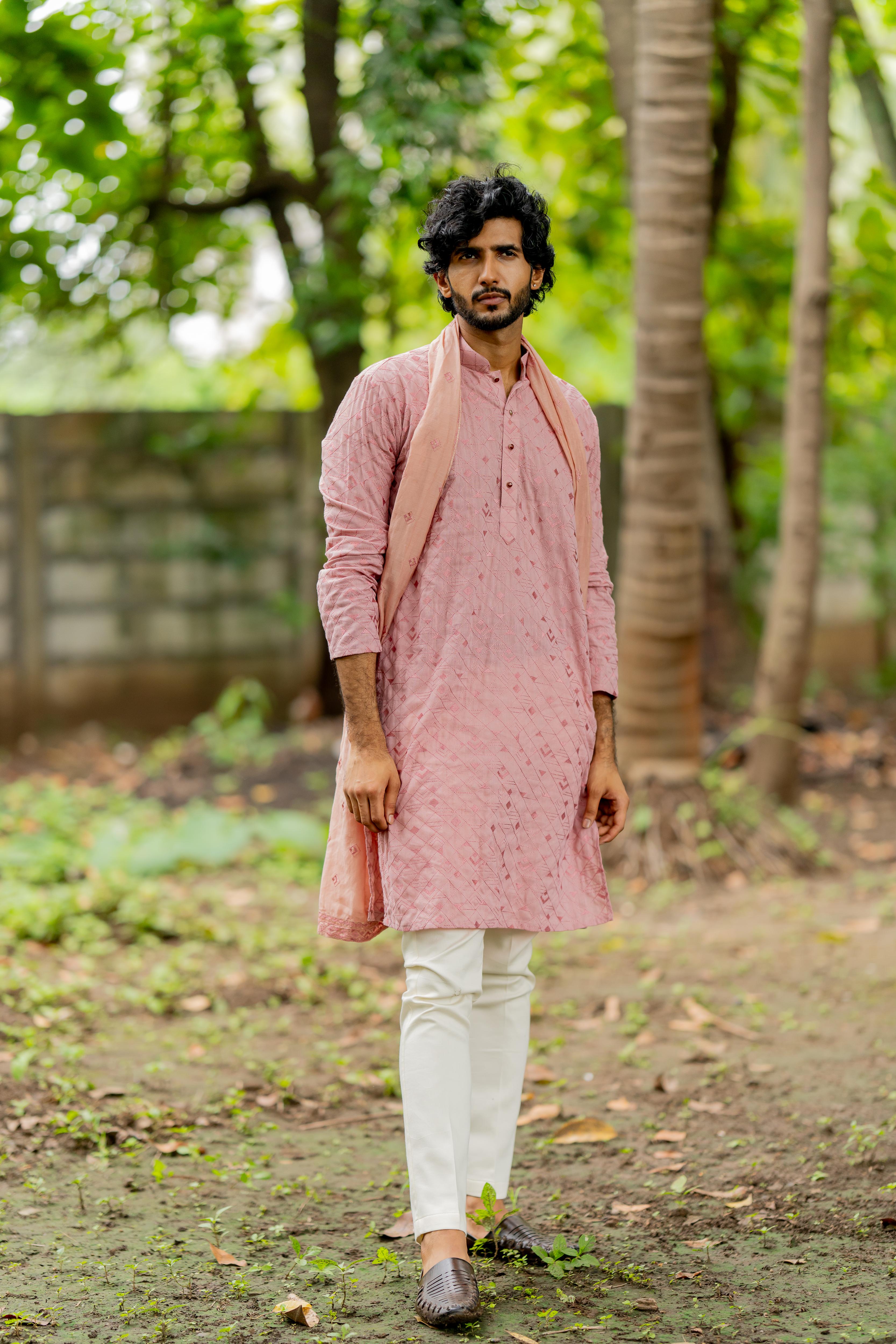 Dusty Pink Embroidered Kurta, Stole with Off White Pants