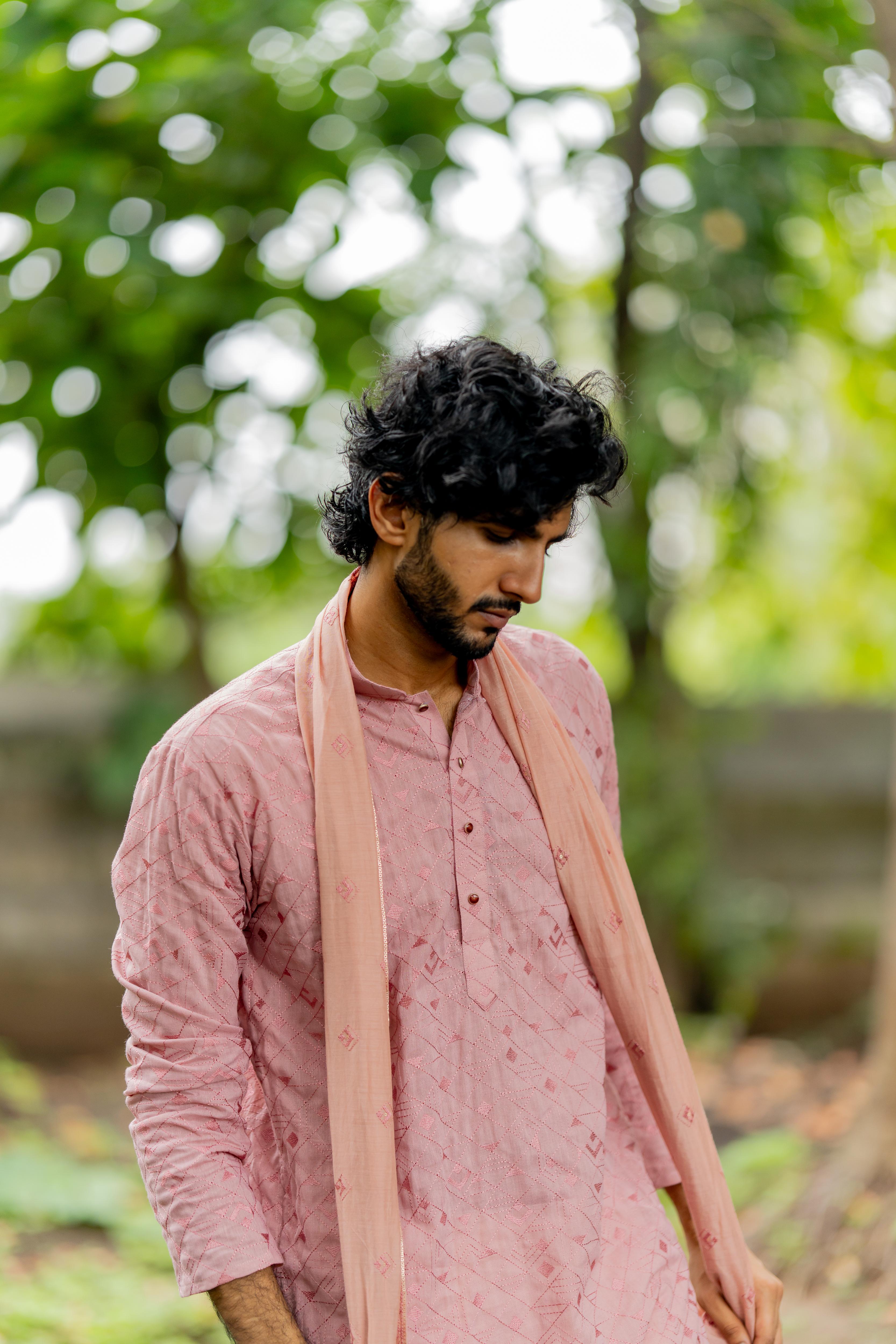 Dusty Pink Embroidered Kurta, Stole with Off White Pants