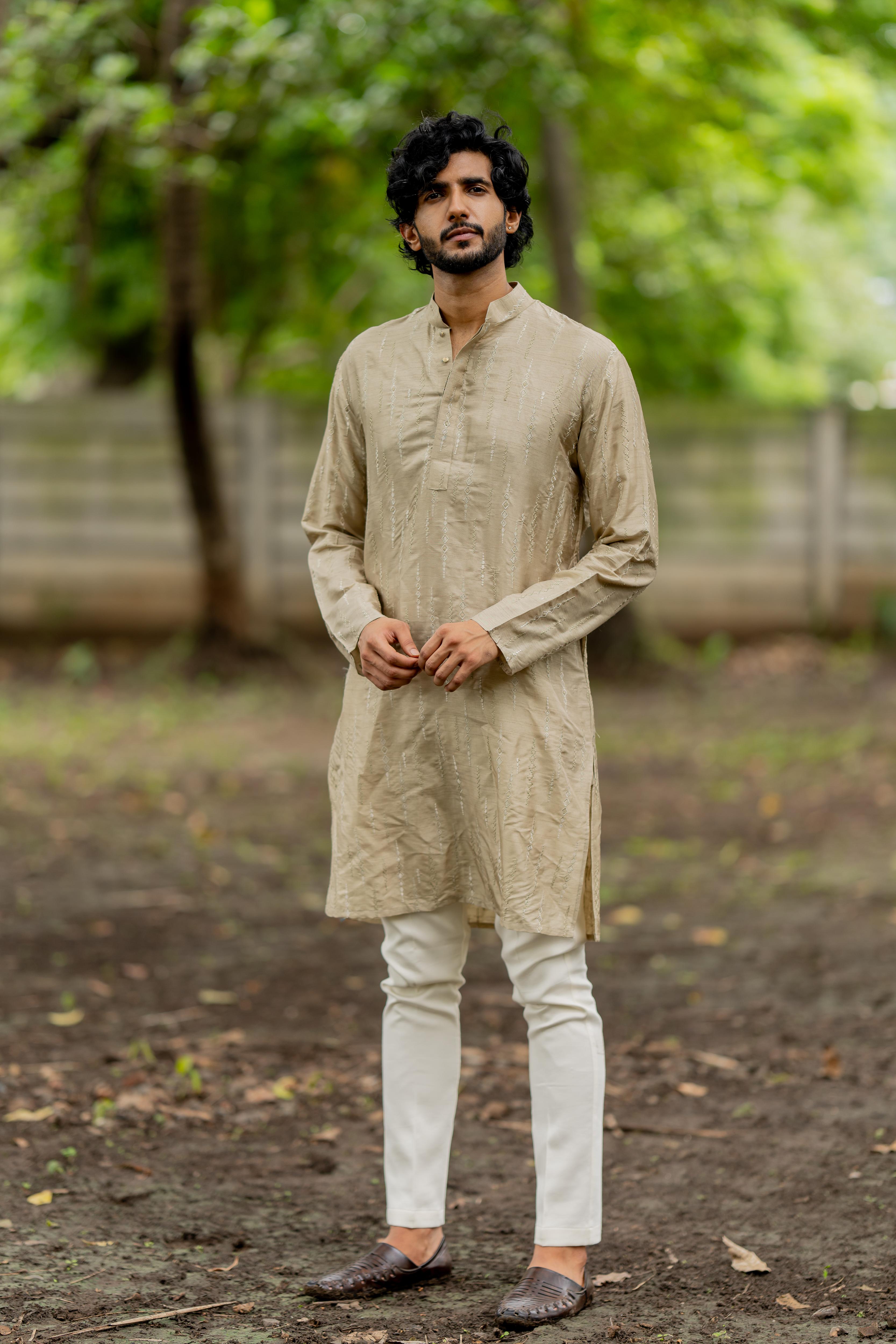 Sepia Dyed Embroidered Kurta with Off White Pants