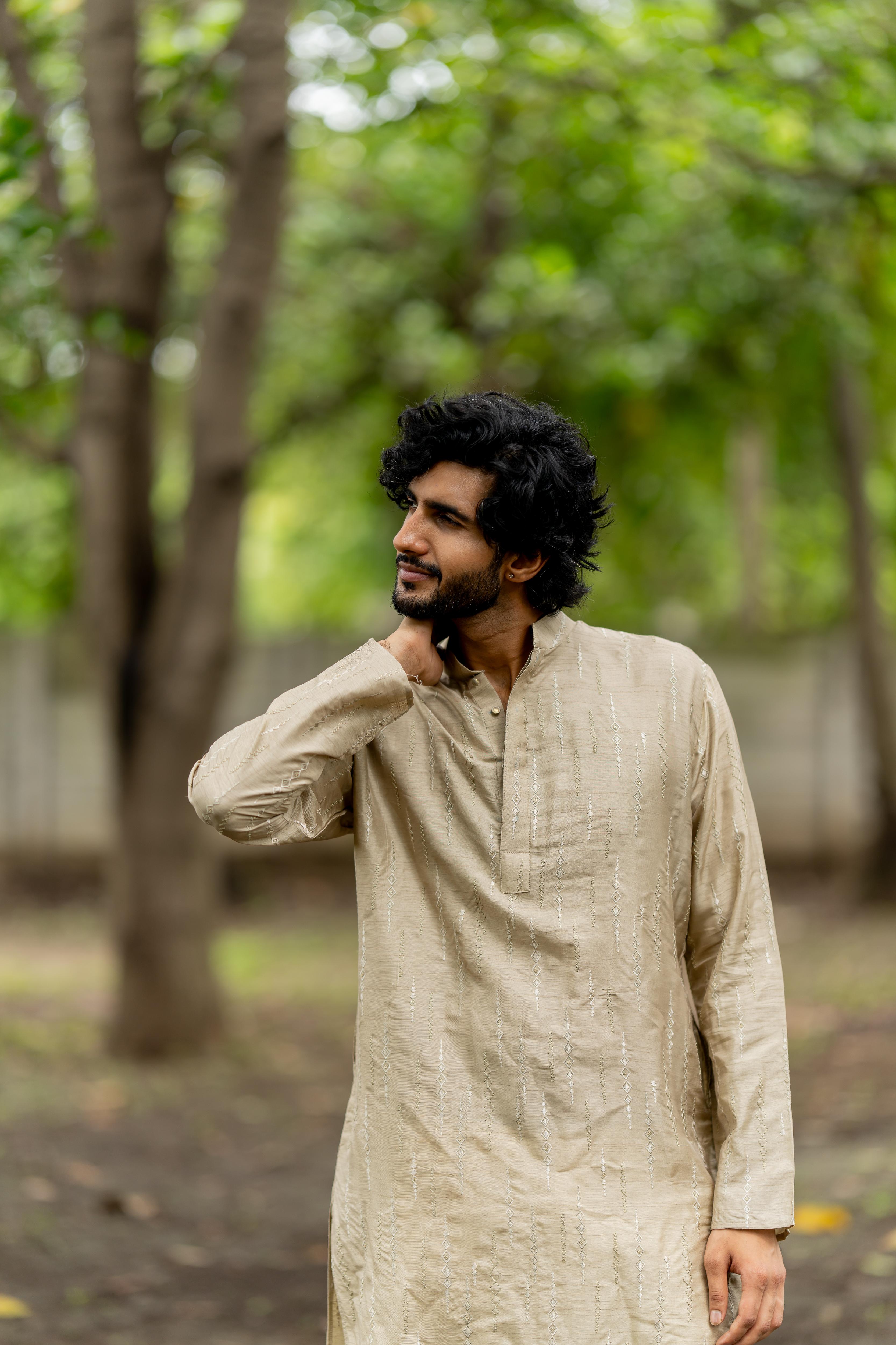 Sepia Dyed Embroidered Kurta with Off White Pants
