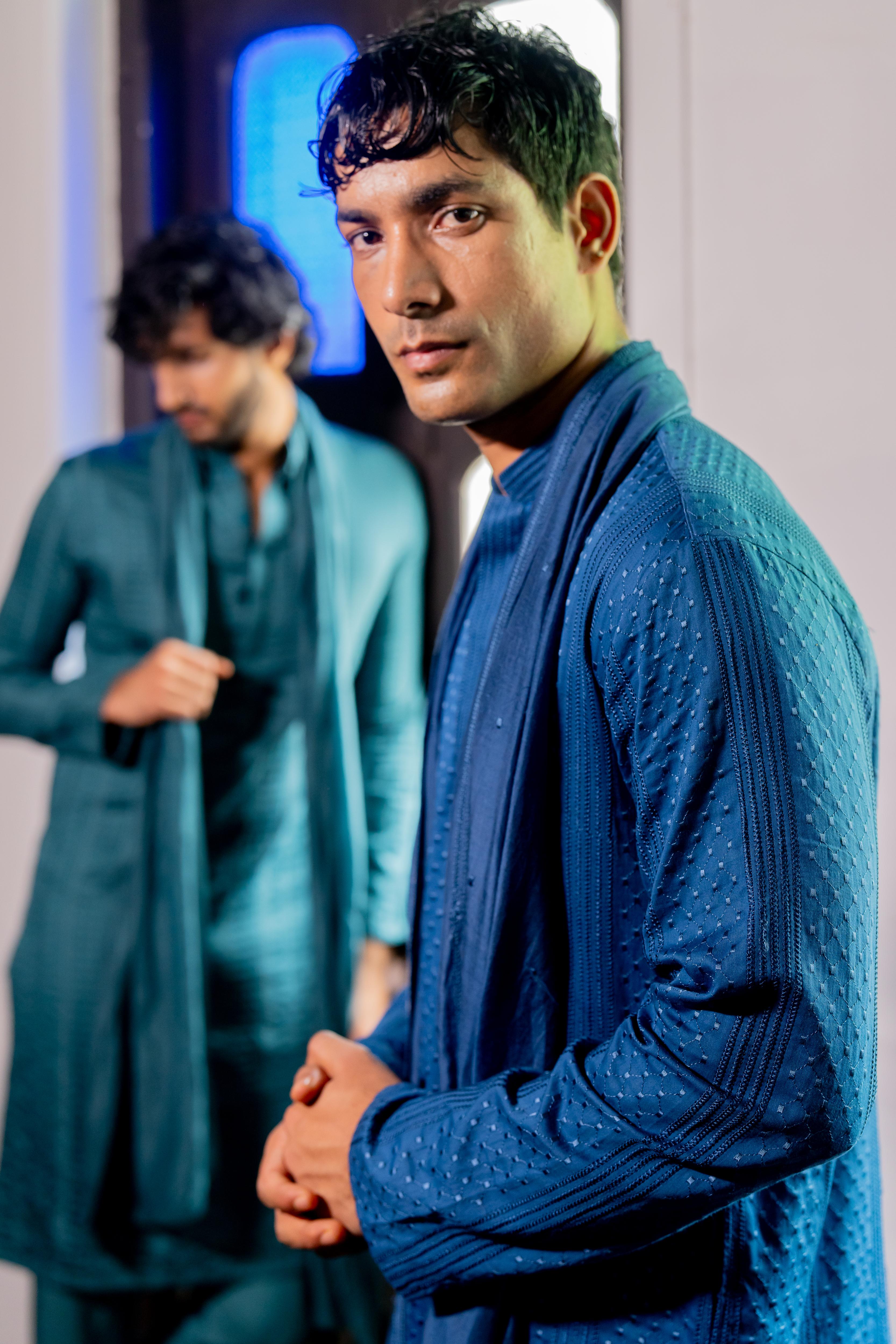 Dark Blue Dyed Embroidered Kurta, Stole & Self-Toned Dyed Pants