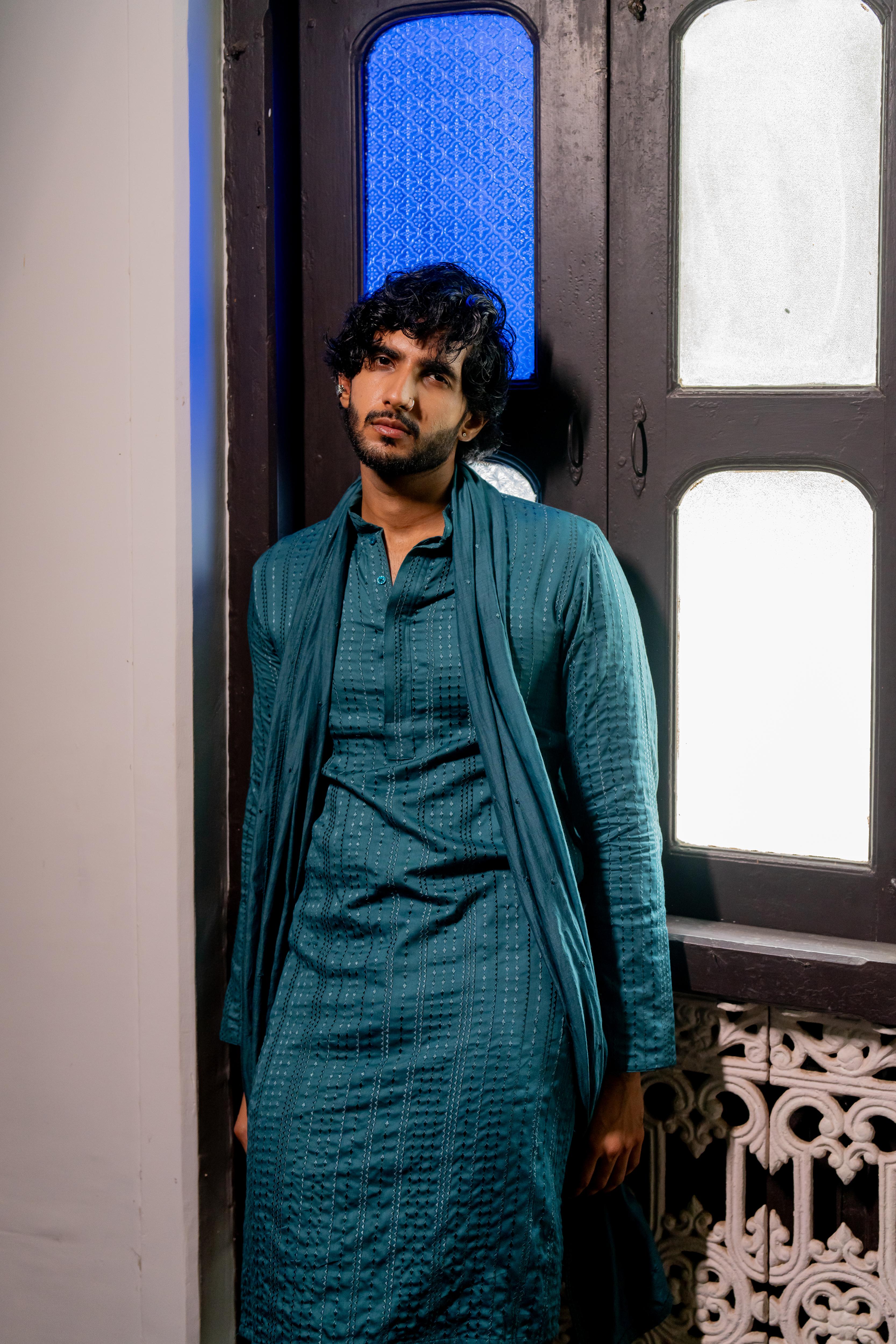 Teal Dyed Embroidered Kurta, Stole & Self-Toned Dyed Pants