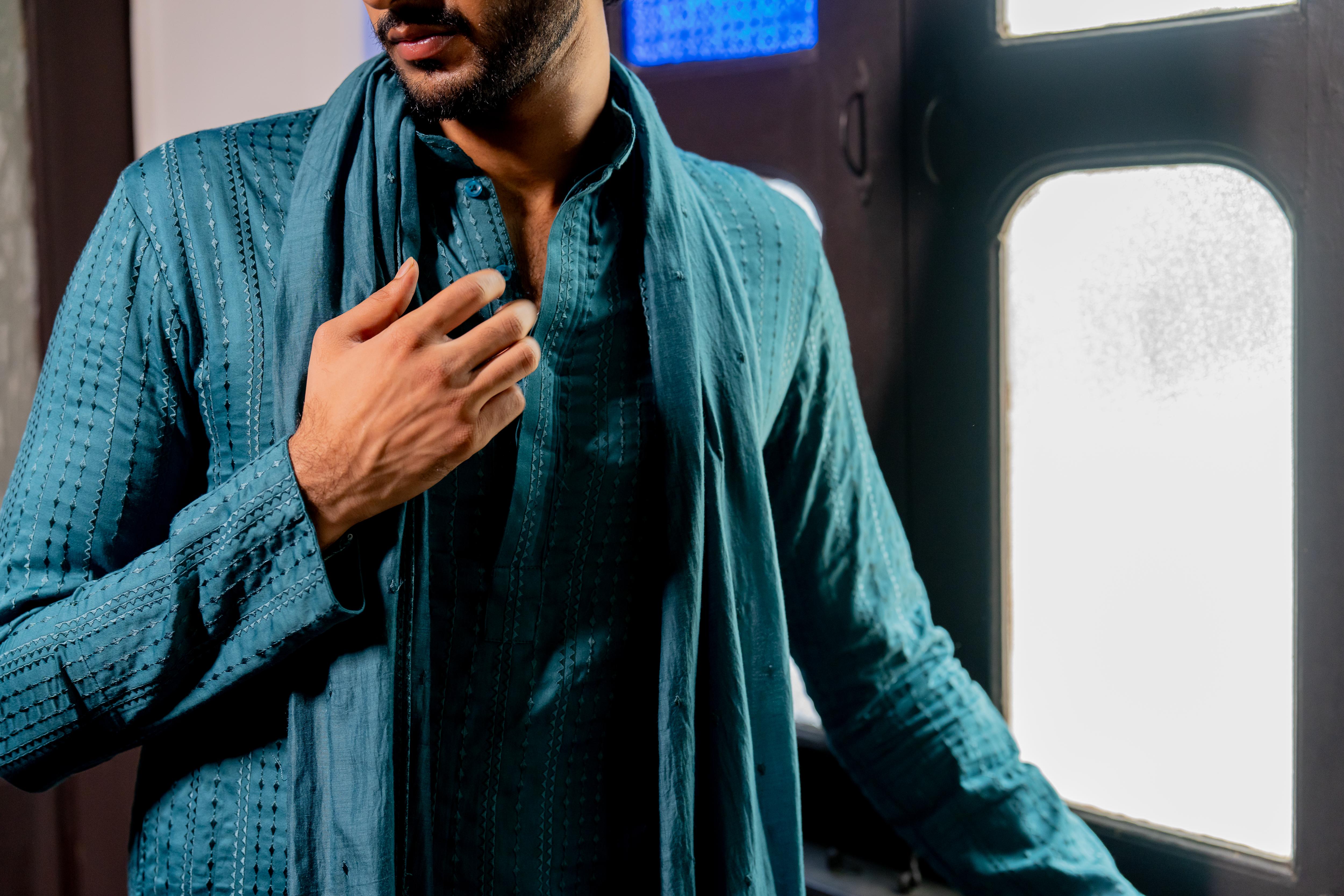 Teal Dyed Embroidered Kurta, Stole & Self-Toned Dyed Pants