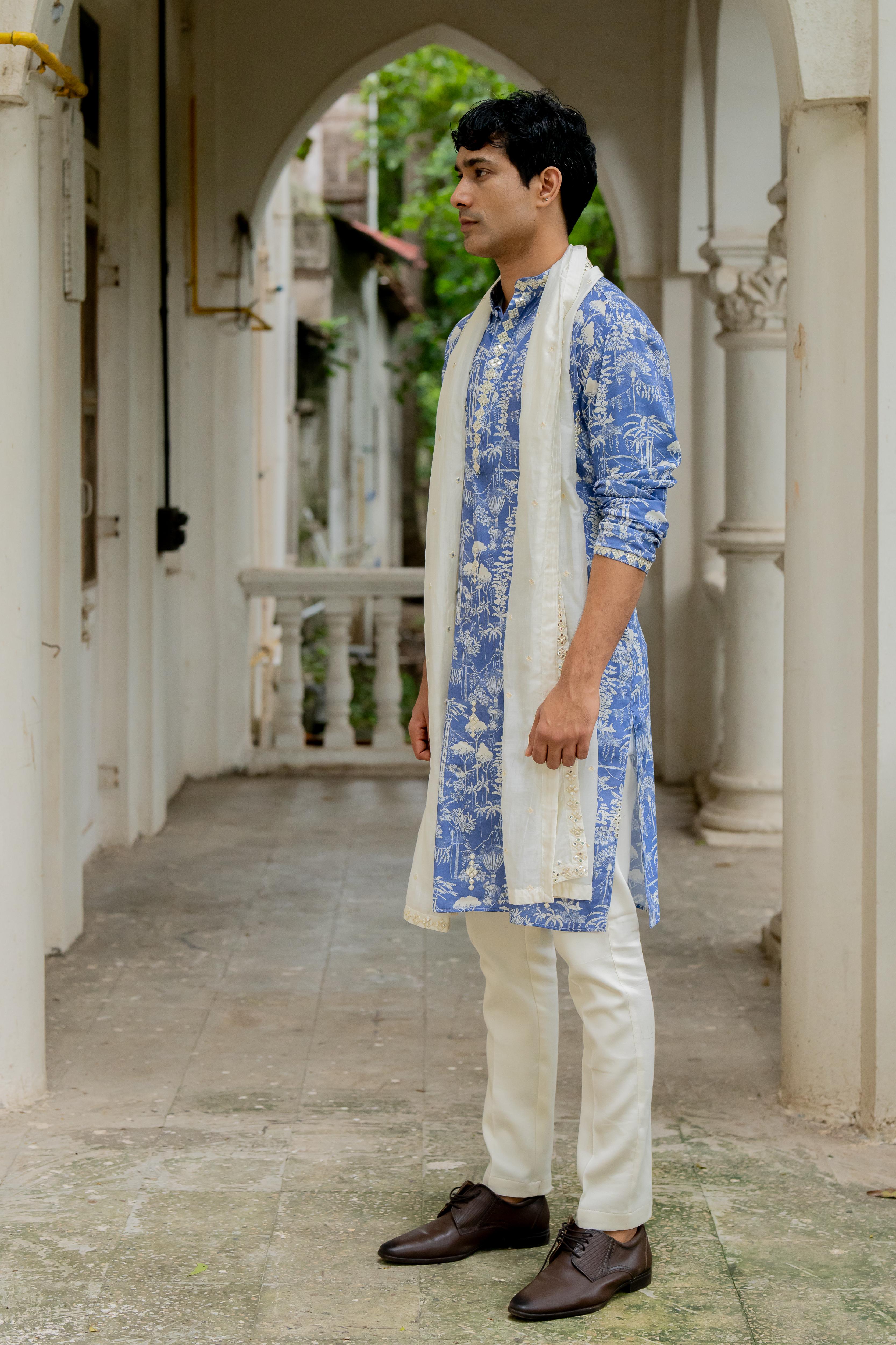 Blue & Off White Digital Printed Embroidered Kurta, Stole & Pants