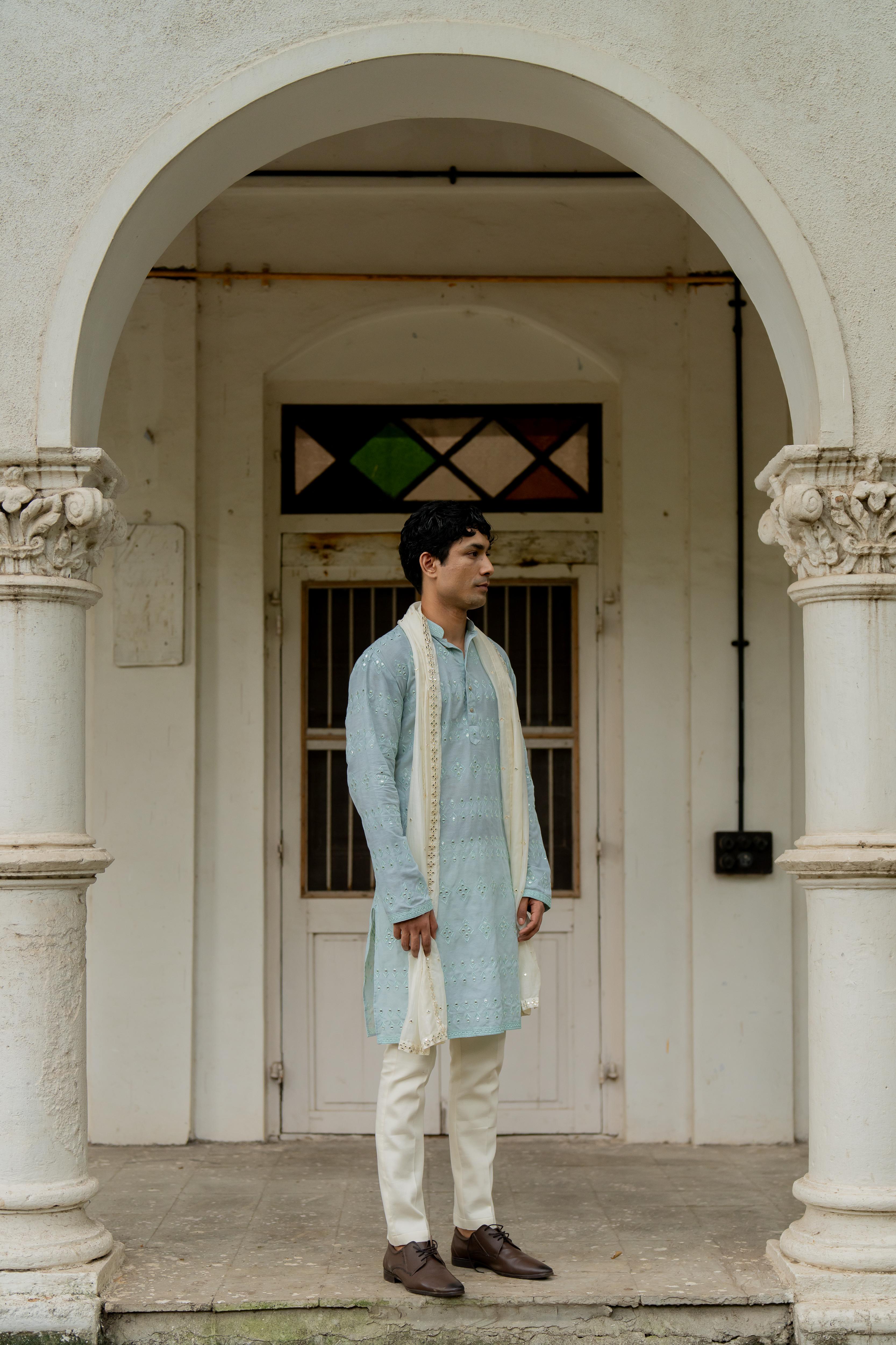 Sky Blue Dyed Embroidered Kurta, Stole with Off White Pants