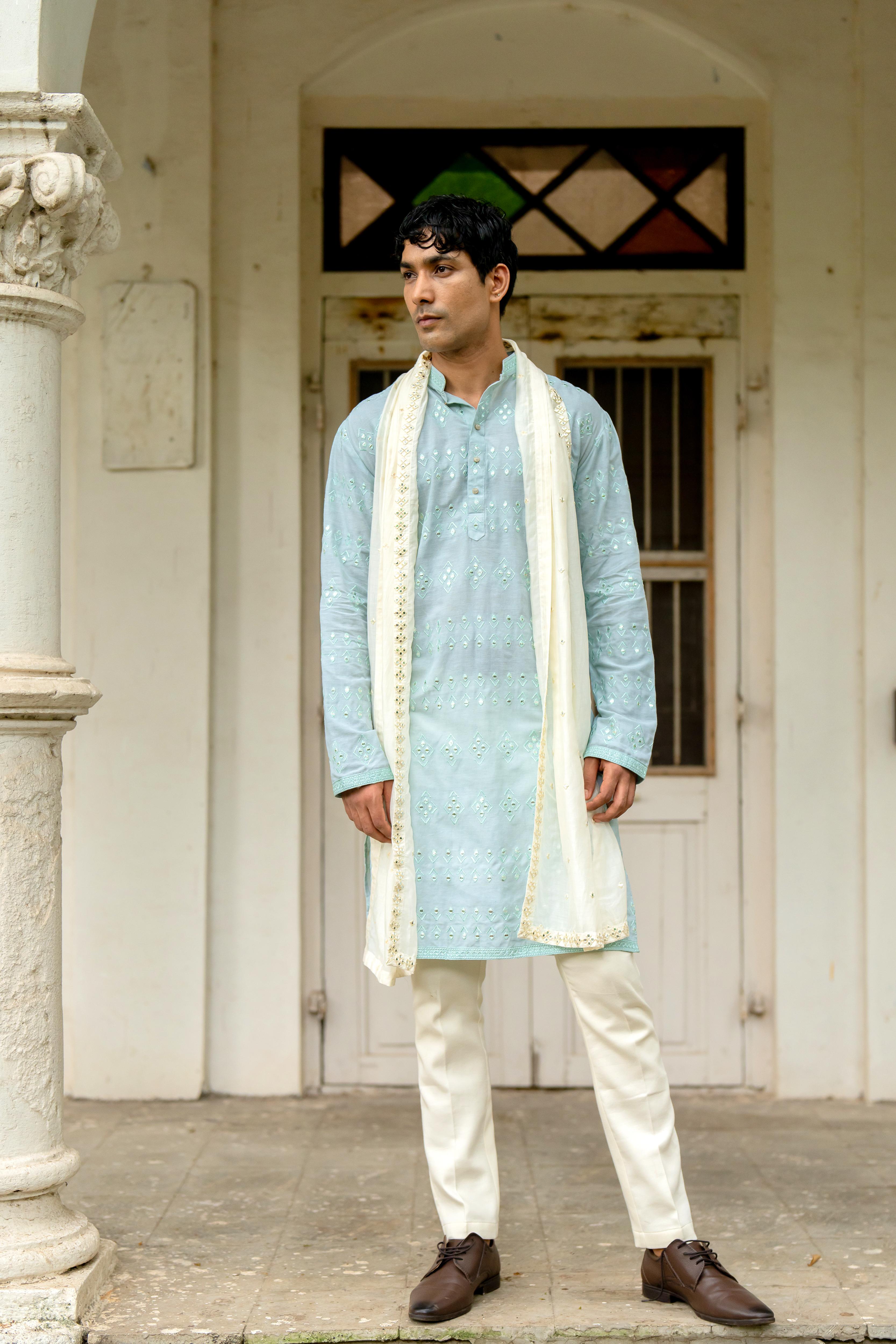 Sky Blue Dyed Embroidered Kurta, Stole with Off White Pants