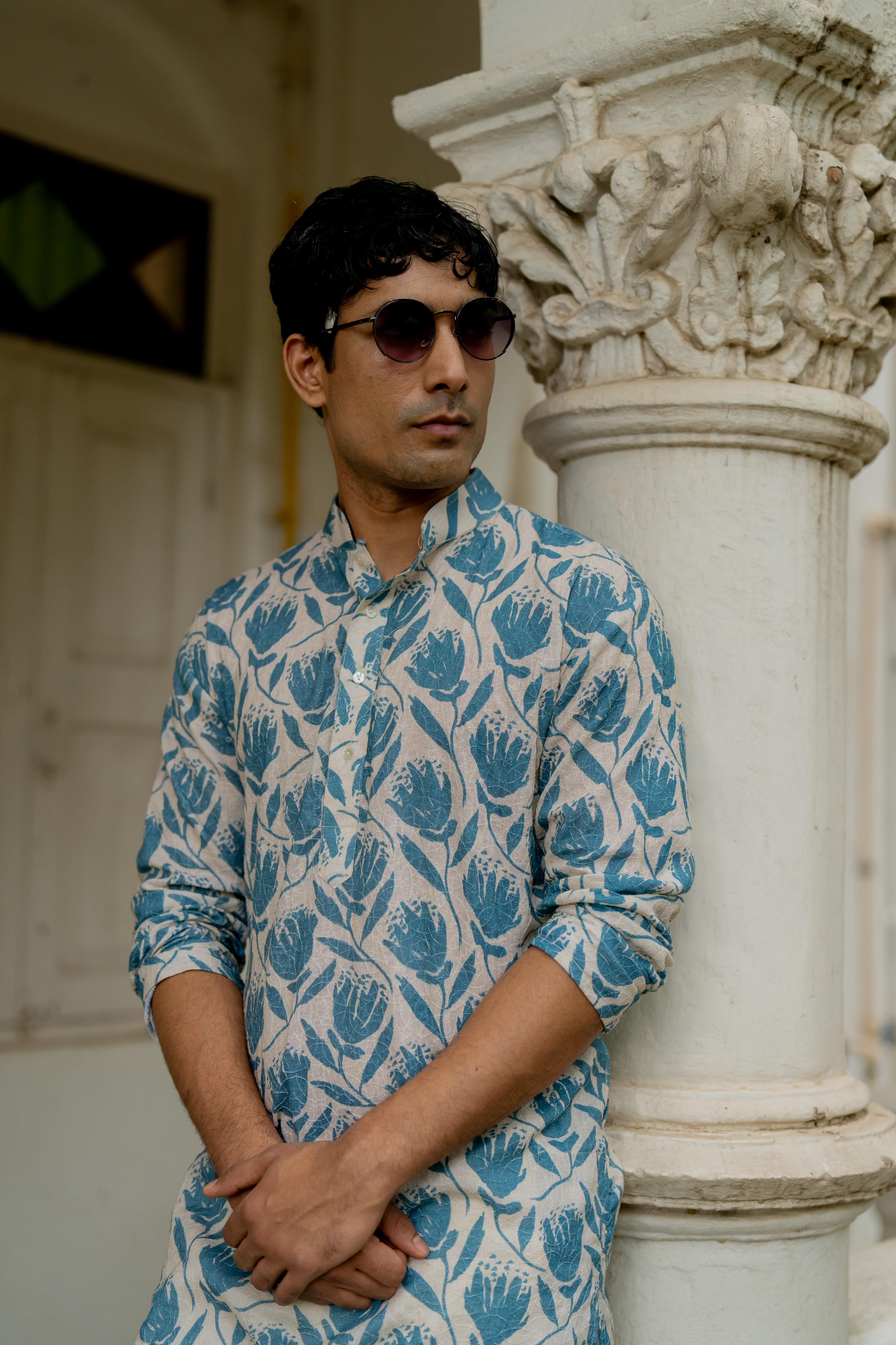 Off White & Blue Digital Printed Embroidered Kurta with Off White Pants