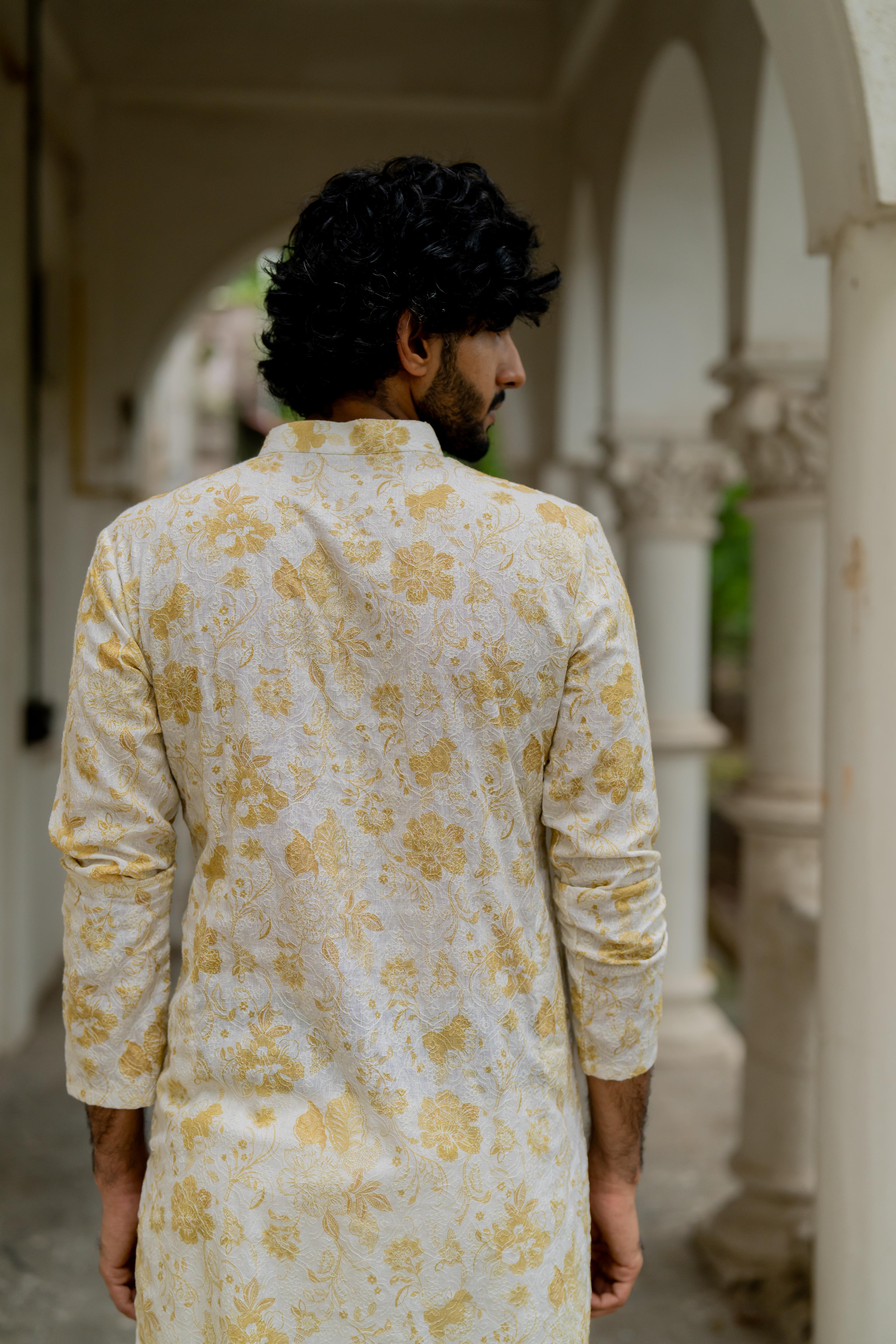 Off White & Yellow Digital Printed Embroidered Kurta with Off White Pants