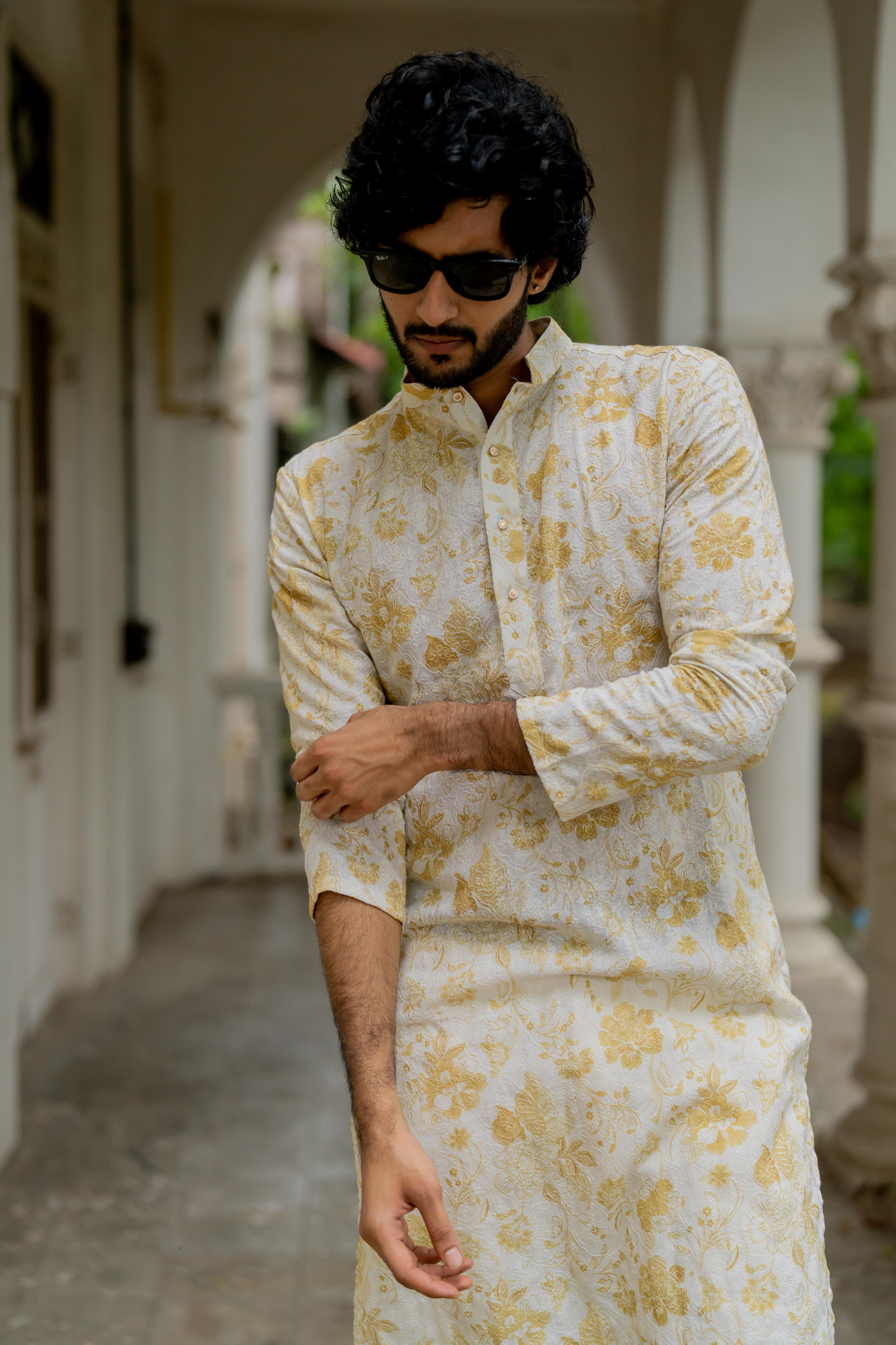 Off White & Yellow Digital Printed Embroidered Kurta with Off White Pants