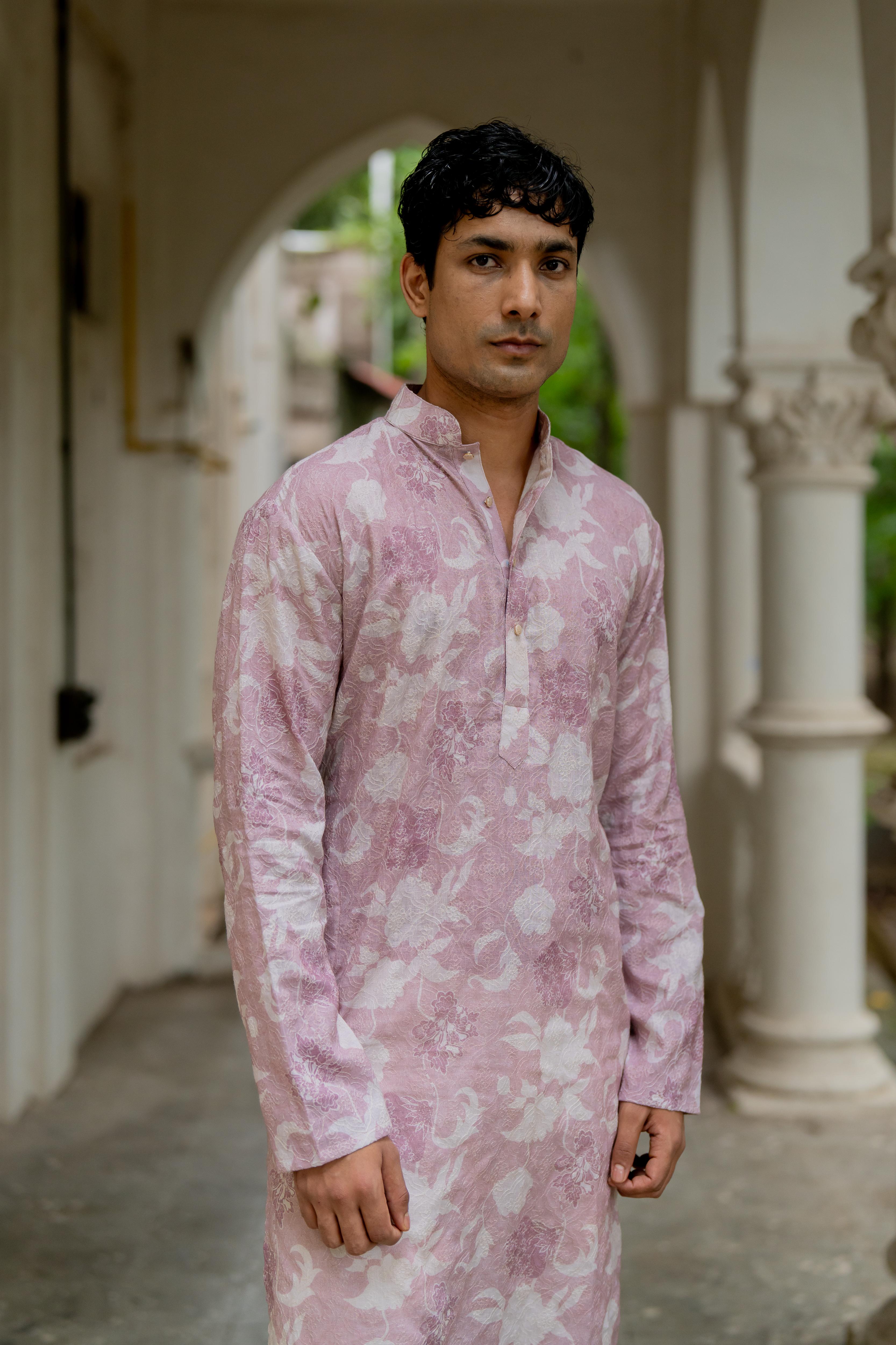 Lavender Digital Printed Embroidered Kurta with Off White Pants