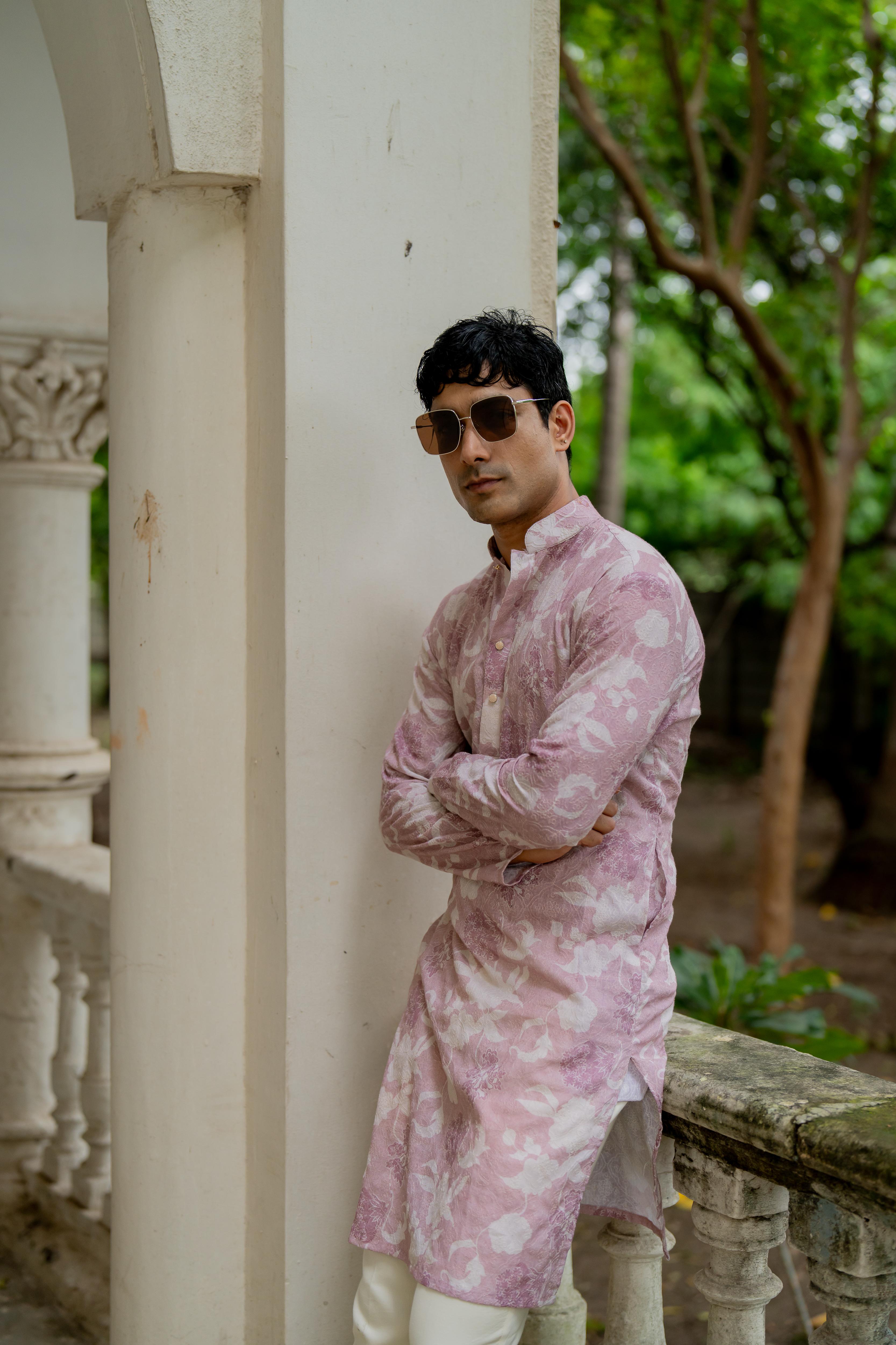 Lavender Digital Printed Embroidered Kurta with Off White Pants
