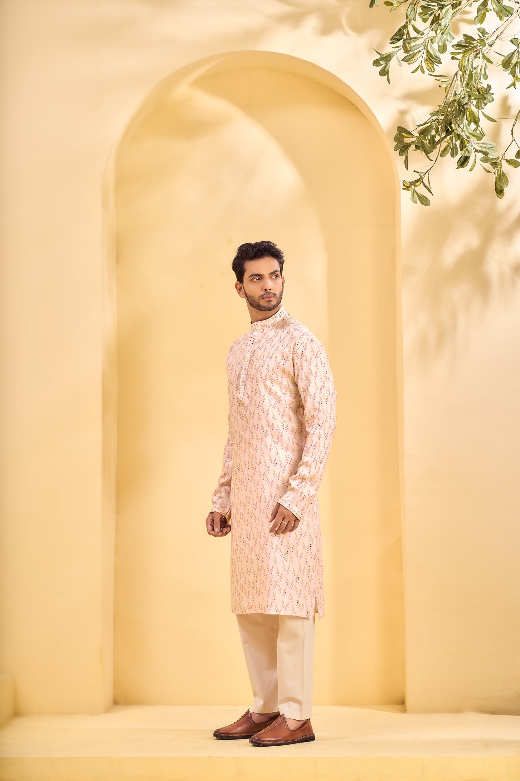 Baby Pink Mirror-Embroidered Printed Kurta, Stole with Off-White Pant