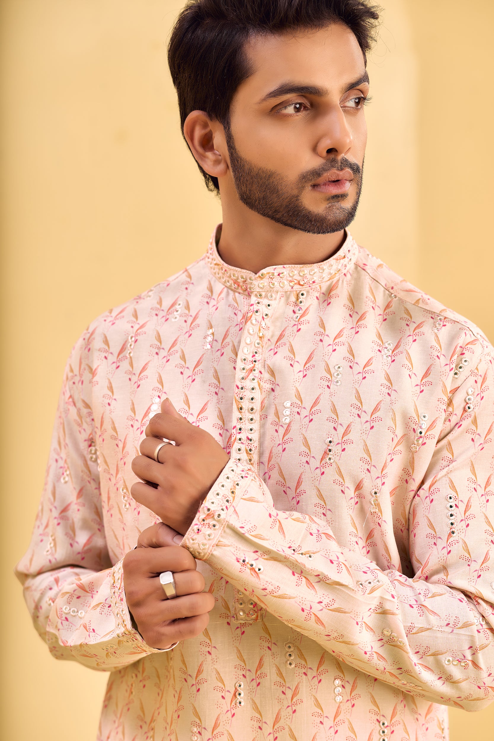 Baby Pink Mirror-Embroidered Printed Kurta, Stole with Off-White Pant