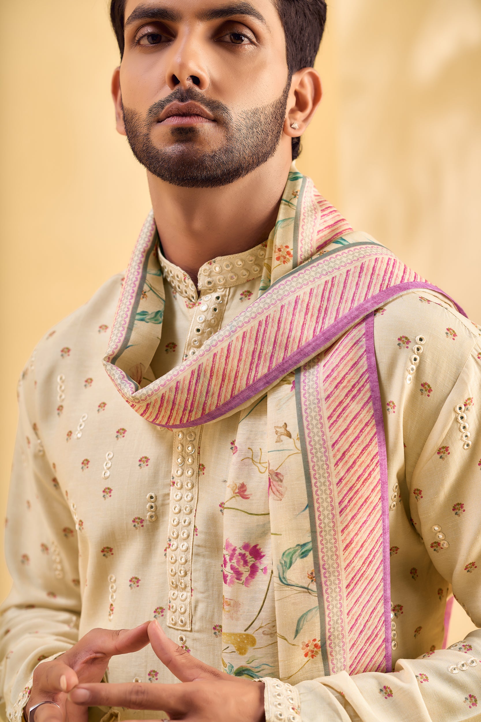 Off-White Mirror-Embroidered Printed Kurta, Stole with Off-White Pant