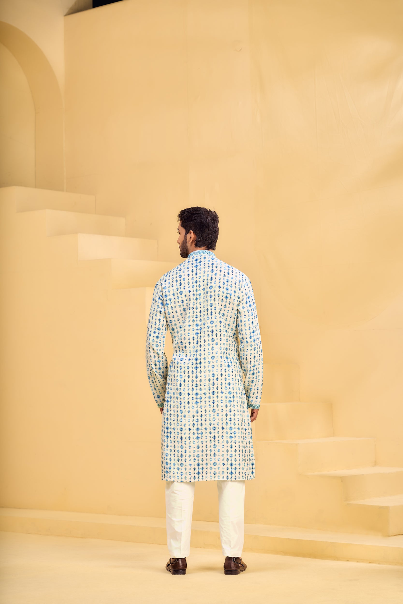 Cream and Indigo Blue Shibori-Printed Kurta, Stole with Off-White Pant