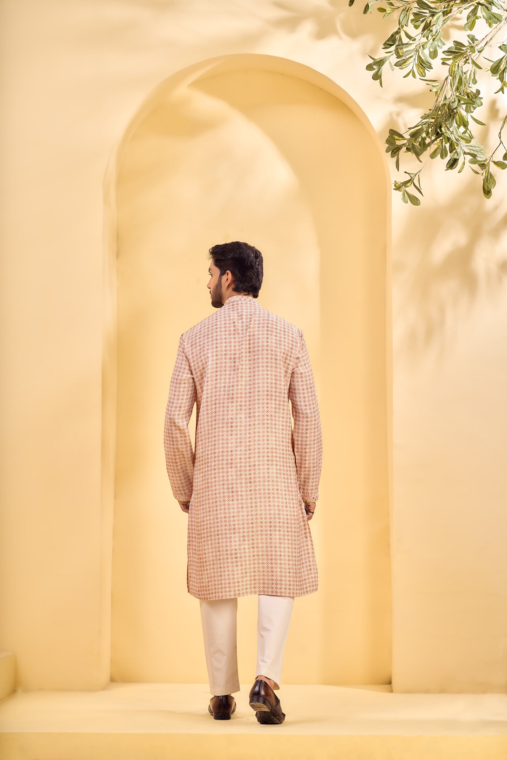 Dusty Rose Pink Multicolored Batik-Style Kurta, Stole with Off-White Pant
