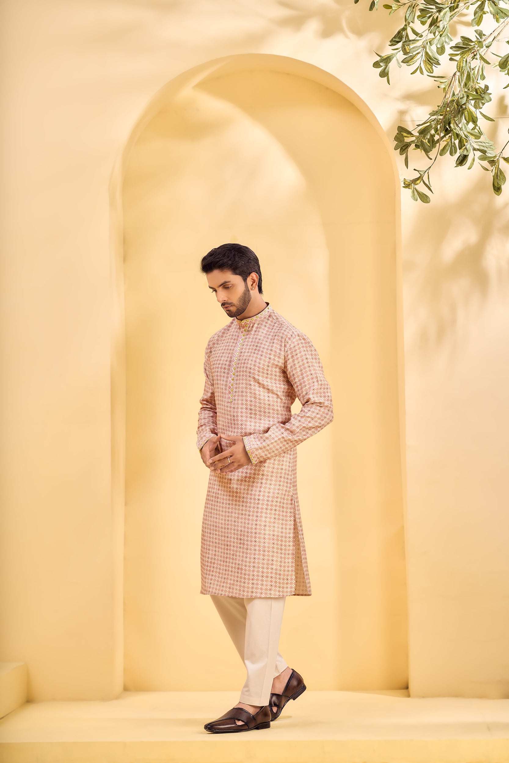 Dusty Rose Pink Multicolored Batik-Style Kurta, Stole with Off-White Pant
