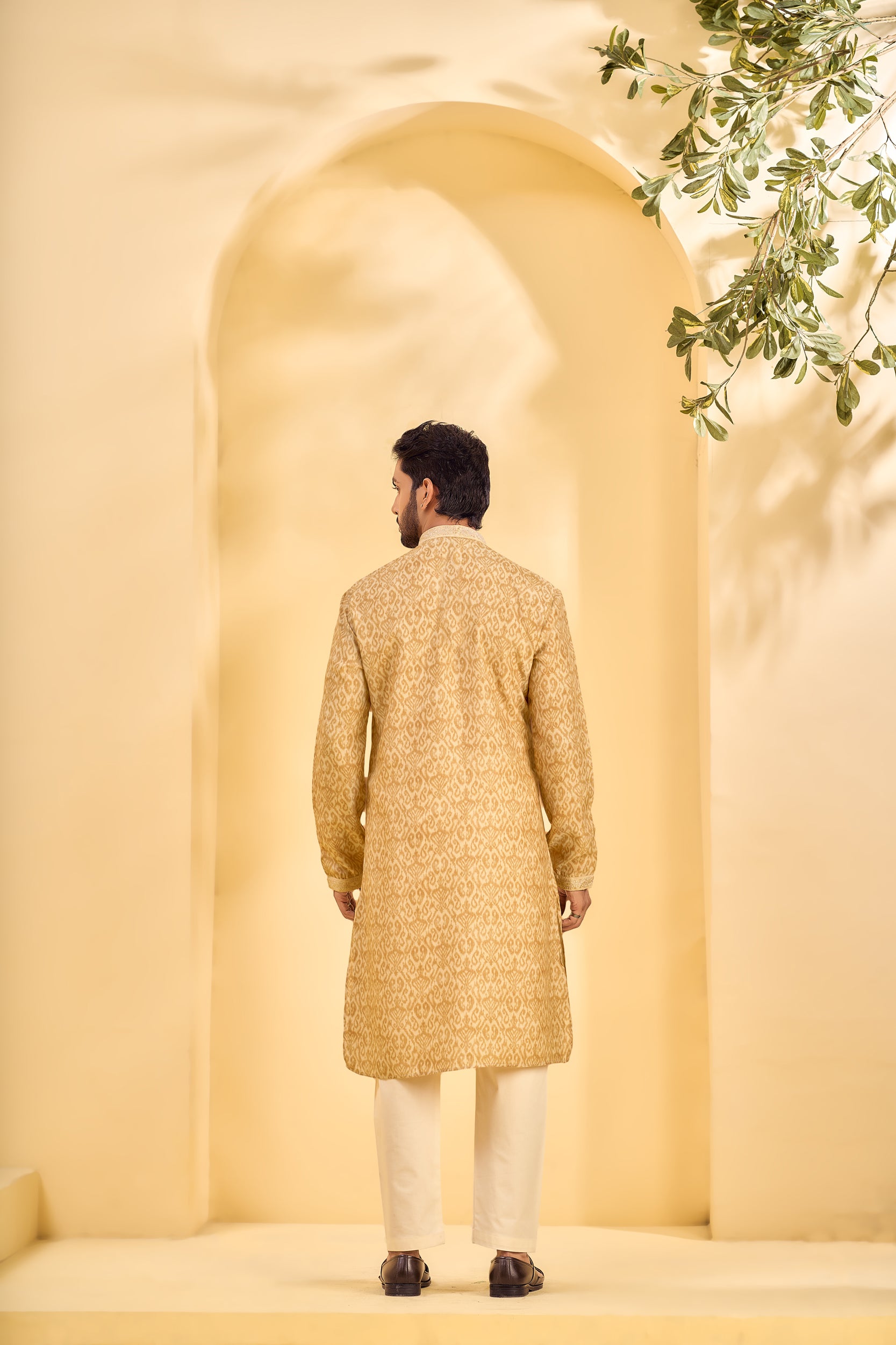 Beige Ikat-Patterned Kurta, Stole with Off-White Pant