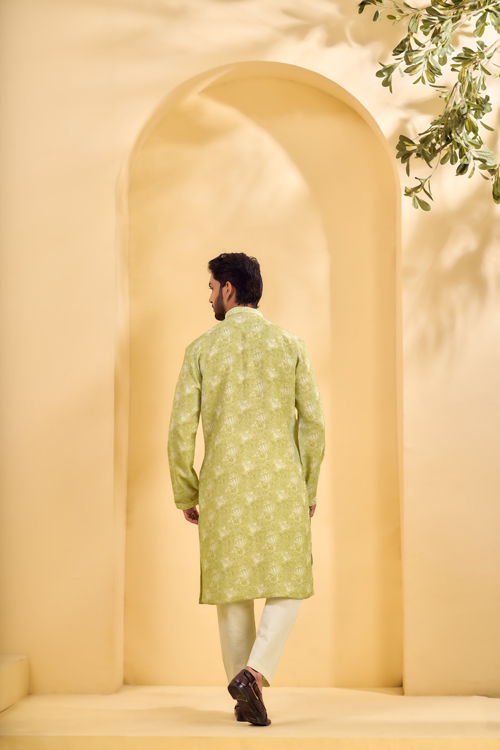 Lime Green Floral-Patterned Kurta, Stole with Off-White Pant