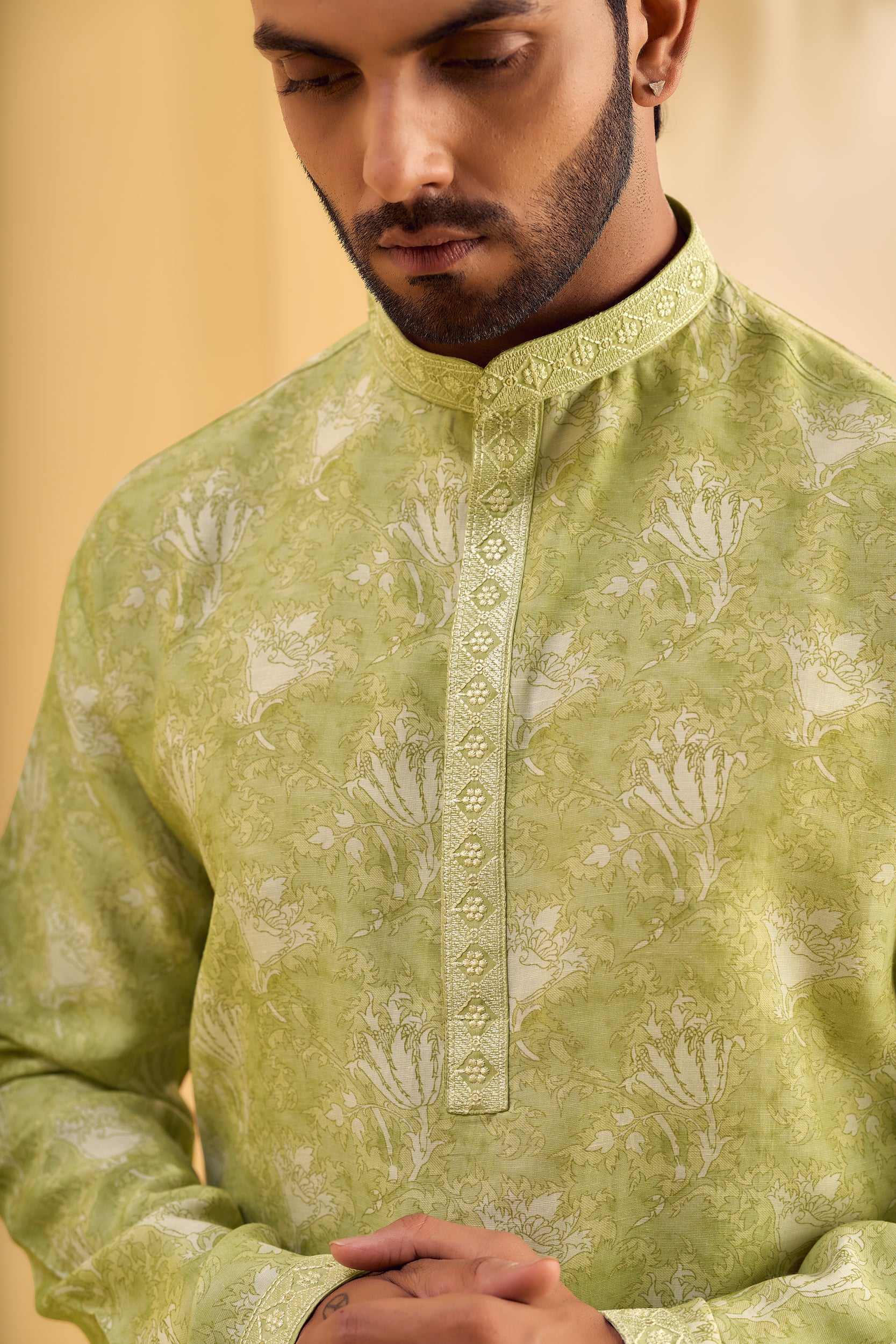 Lime Green Floral-Patterned Kurta, Stole with Off-White Pant