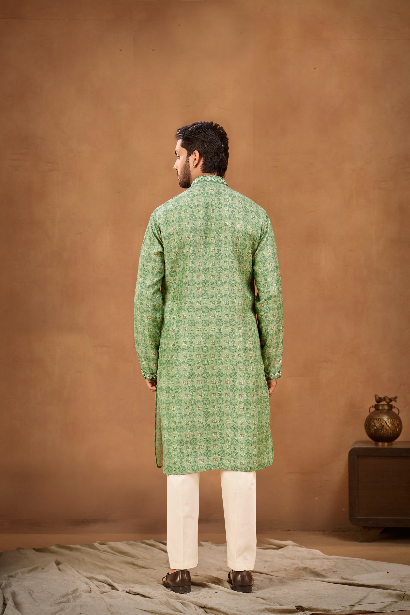 Sage Green Geometric-Patterned Kurta, Stole with Off-White Pant