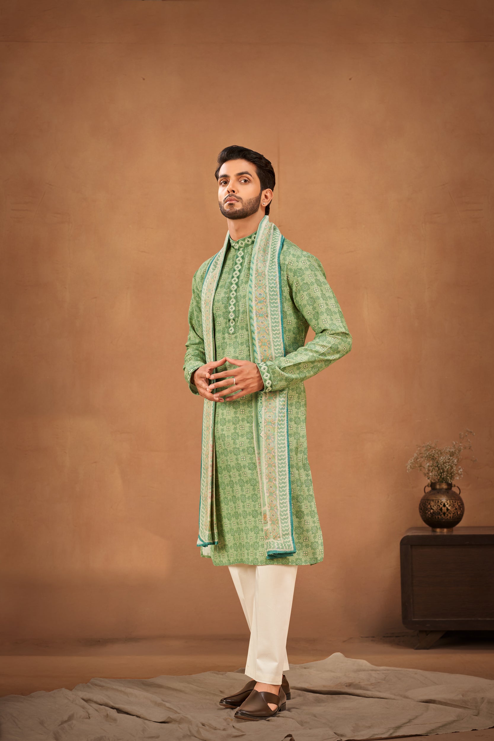 Sage Green Geometric-Patterned Kurta, Stole with Off-White Pant