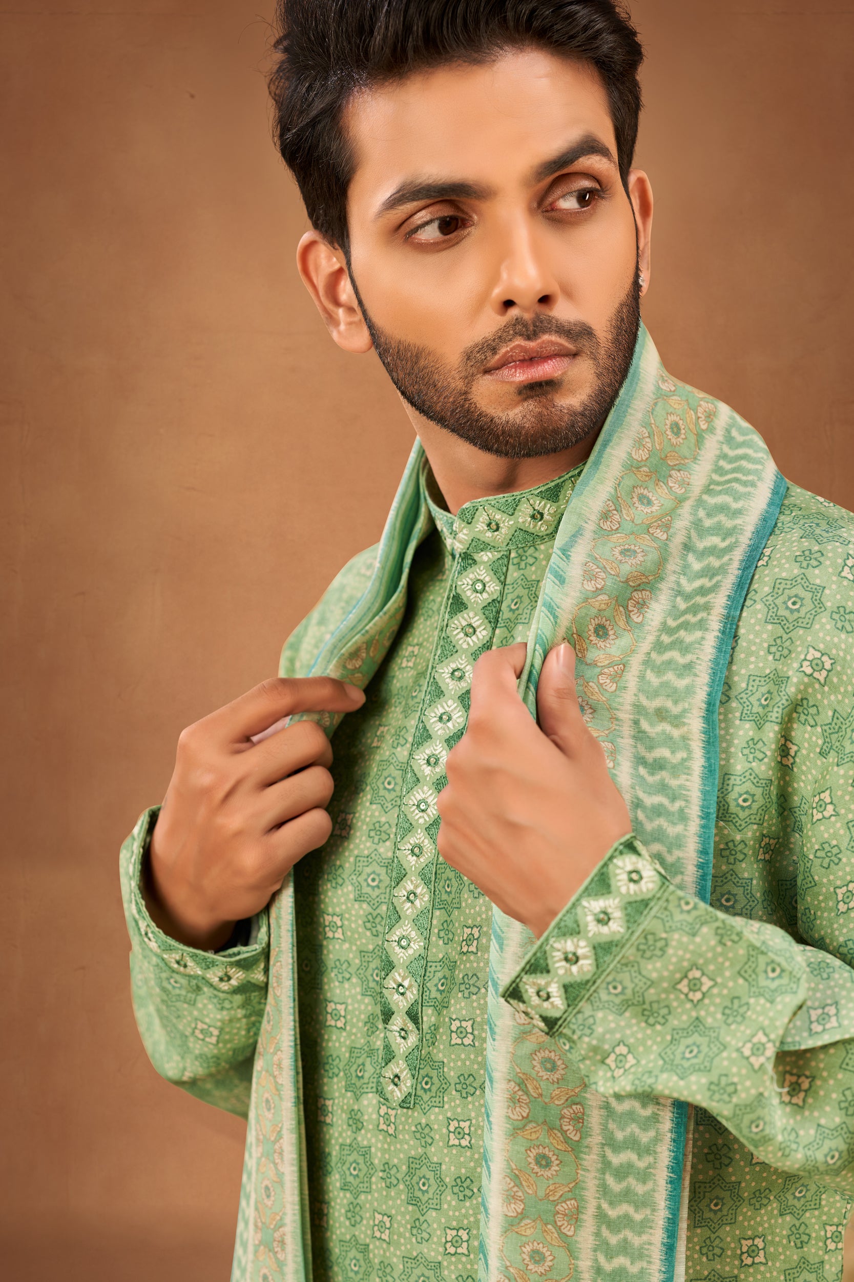 Sage Green Geometric-Patterned Kurta, Stole with Off-White Pant