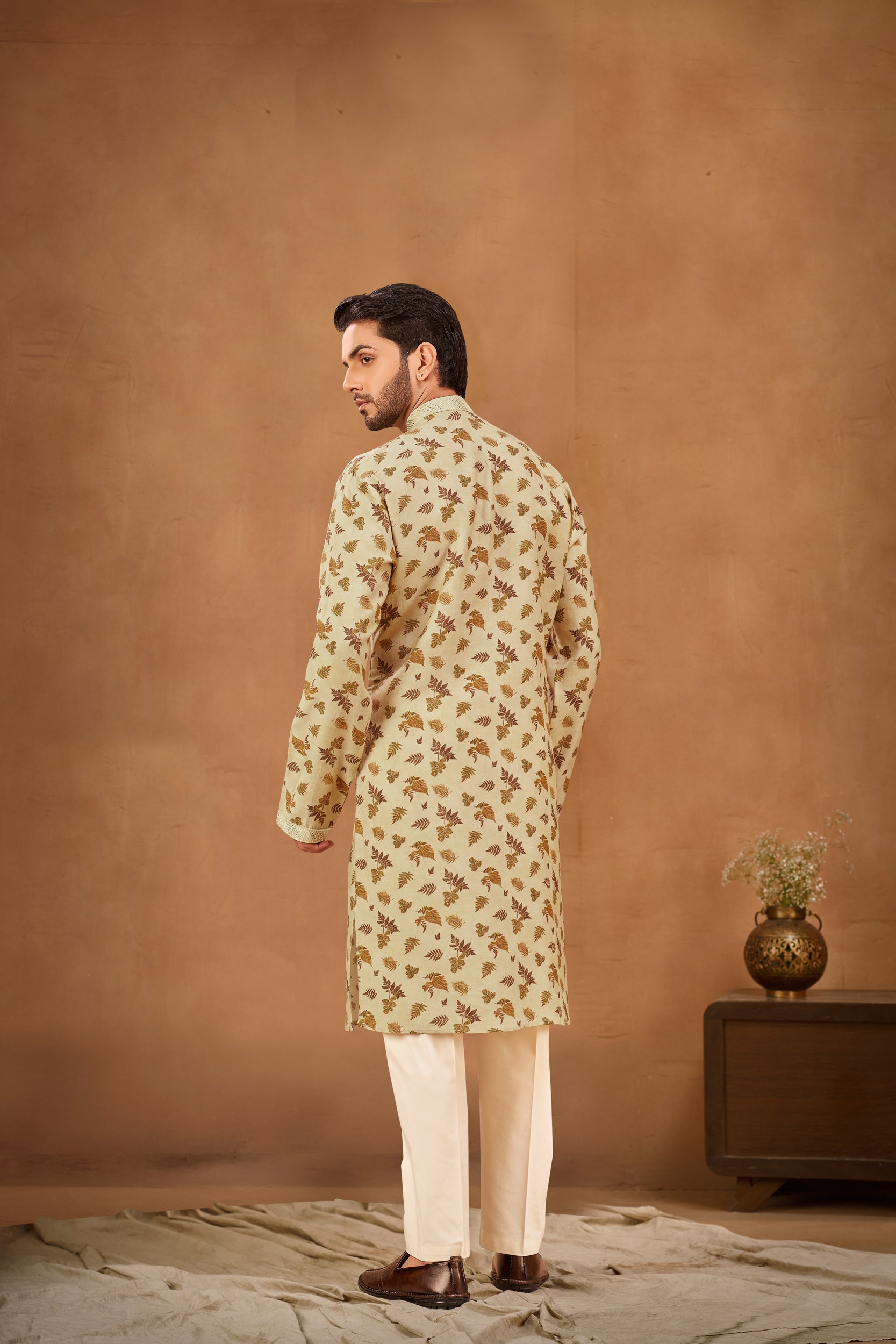 Beige Kurta with Fern Leaf Pattern, Stole with Off-White Pant