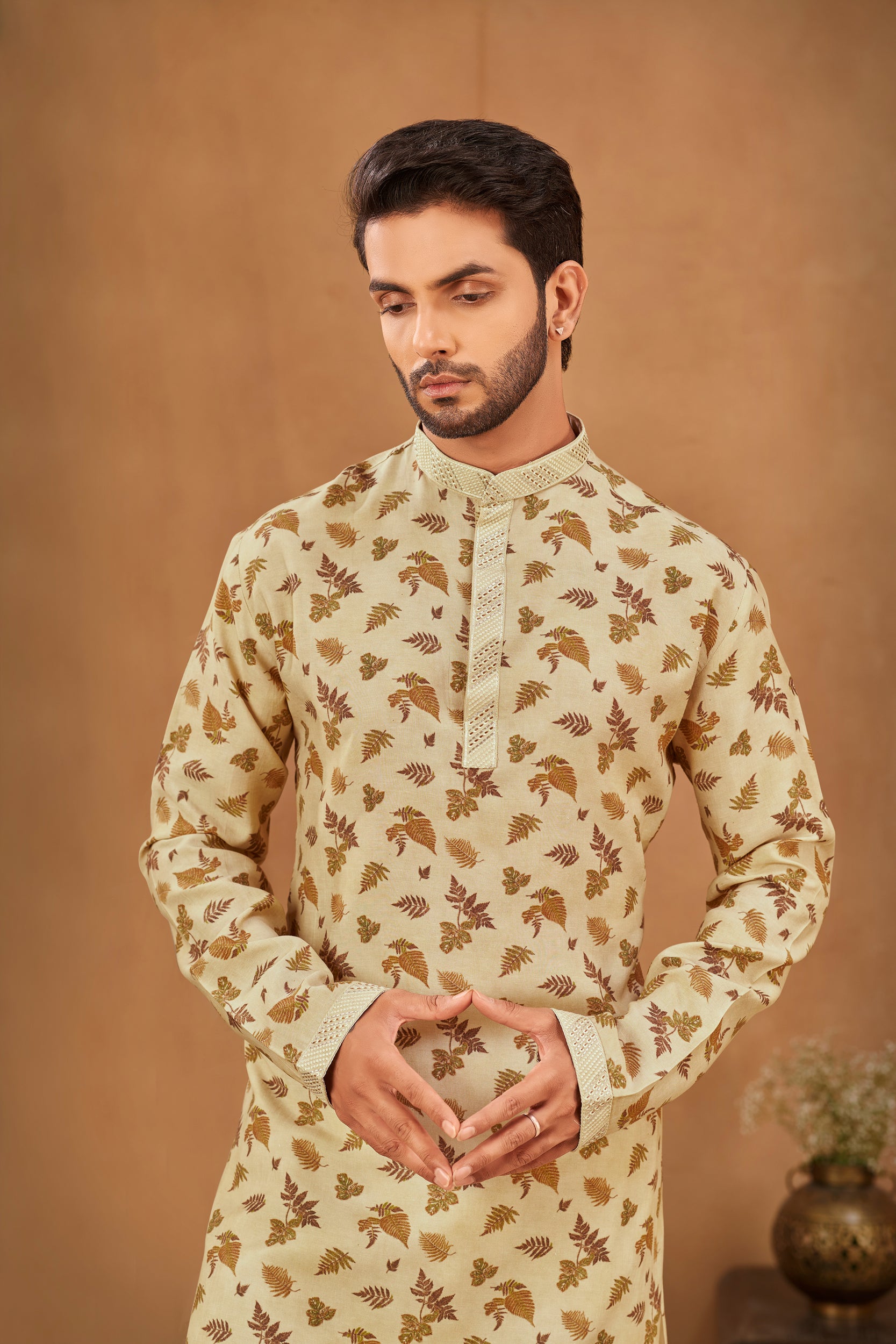 Beige Kurta with Fern Leaf Pattern, Stole with Off-White Pant